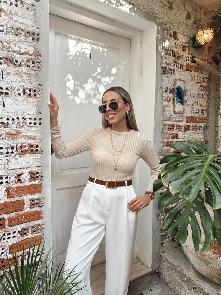 Bej Fitilli Ajurlu Triko Kazak