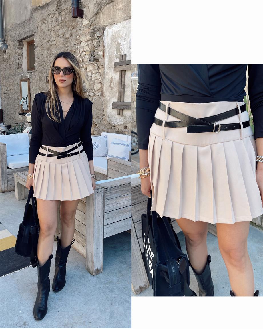 Bej Korsajlı Piliseli Etek