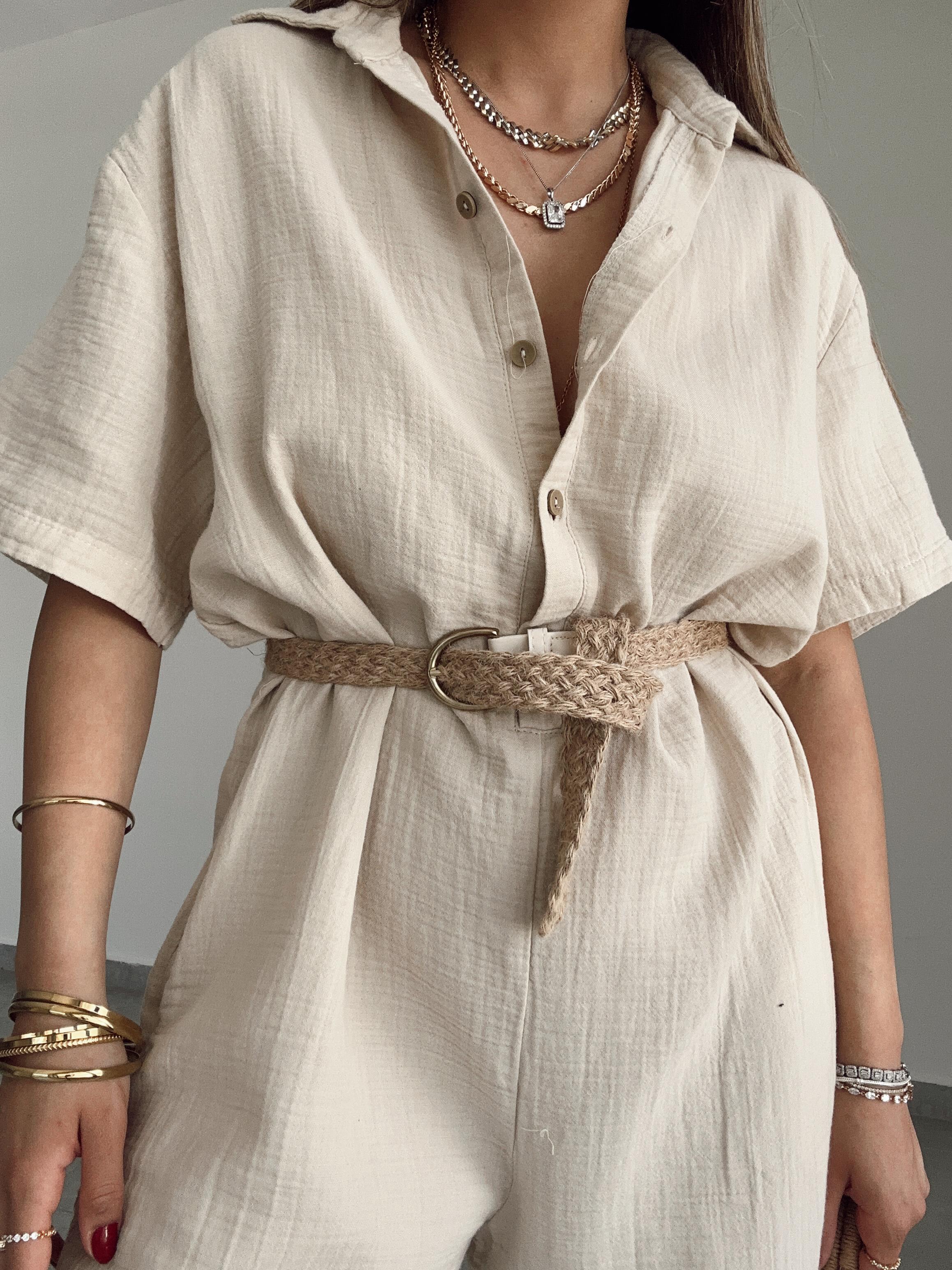 Bej Müslin Yakalı Tulum