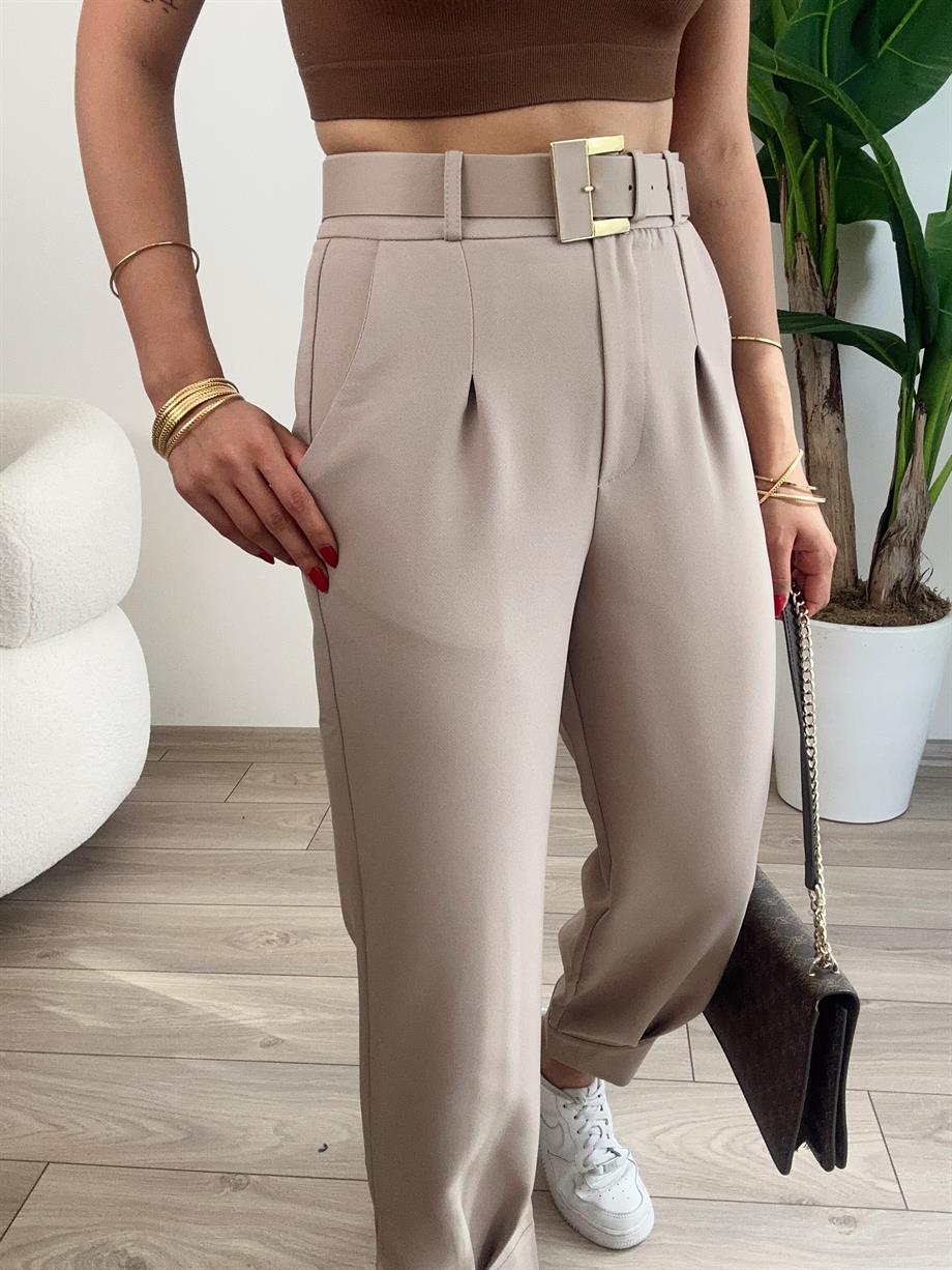 Bej Paça Bantlı Kemerli Pantolon