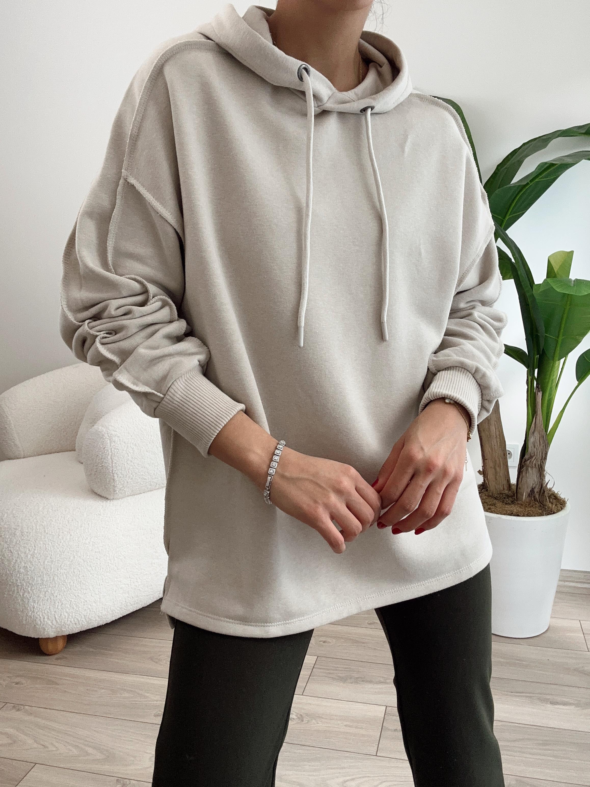 Bej Pis Dikiş Kapüşonlu Sweat