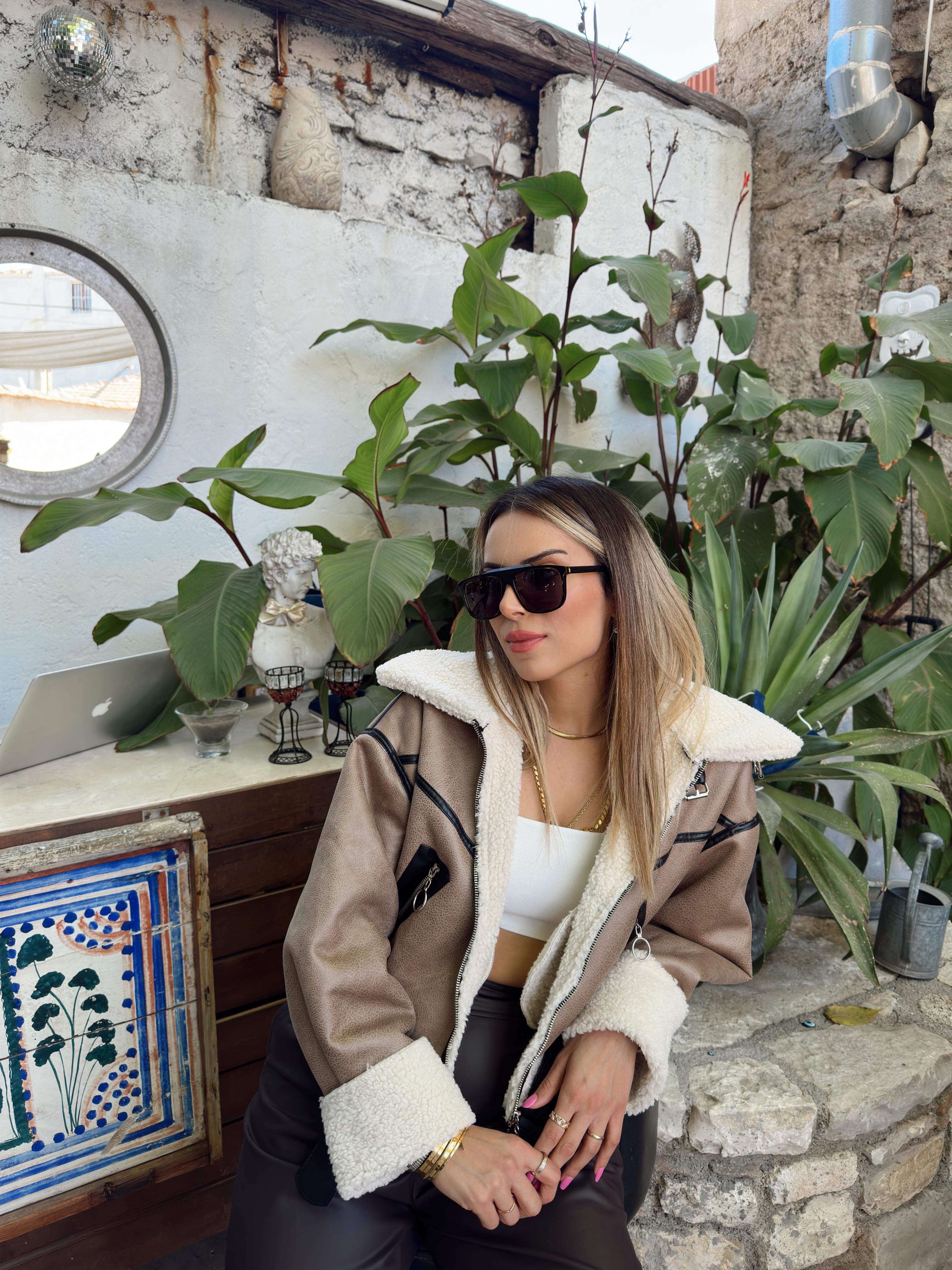 Bej Suni Kürklü Biker Ceket