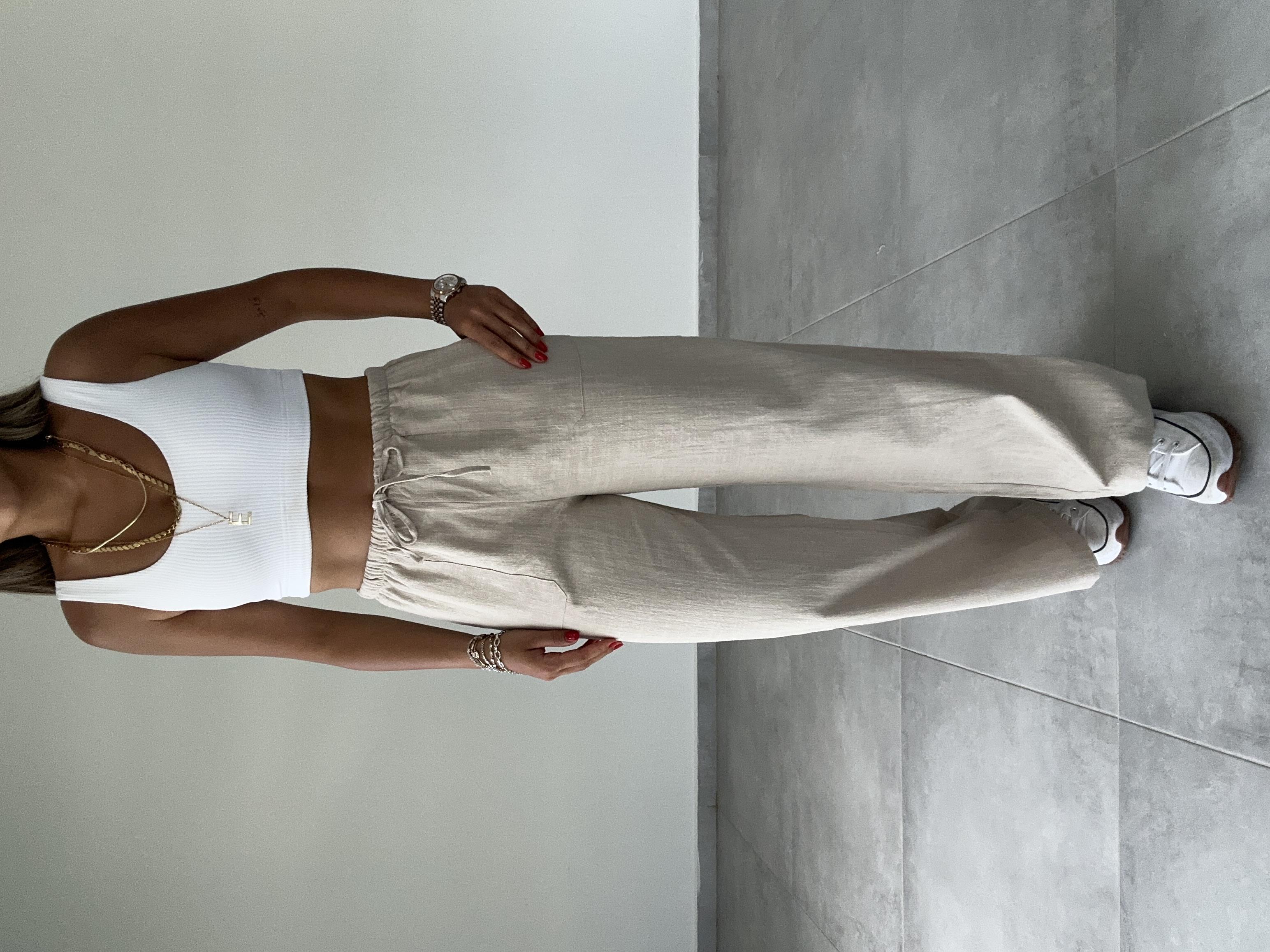 Bej Yama Cepli Bol Paça Keten Pantolon