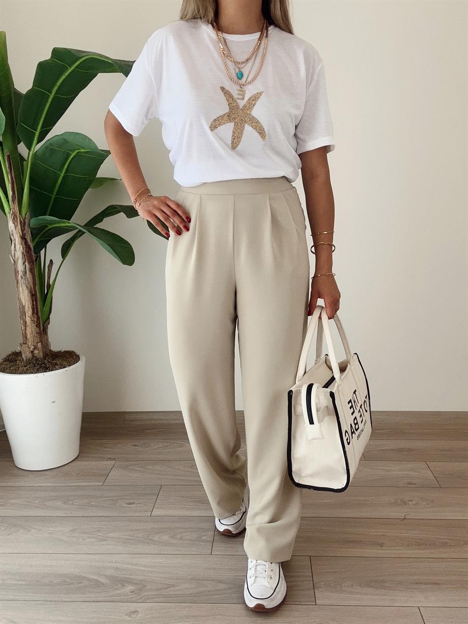 Bej Yandan Fermuarlı Pileli Palazzo