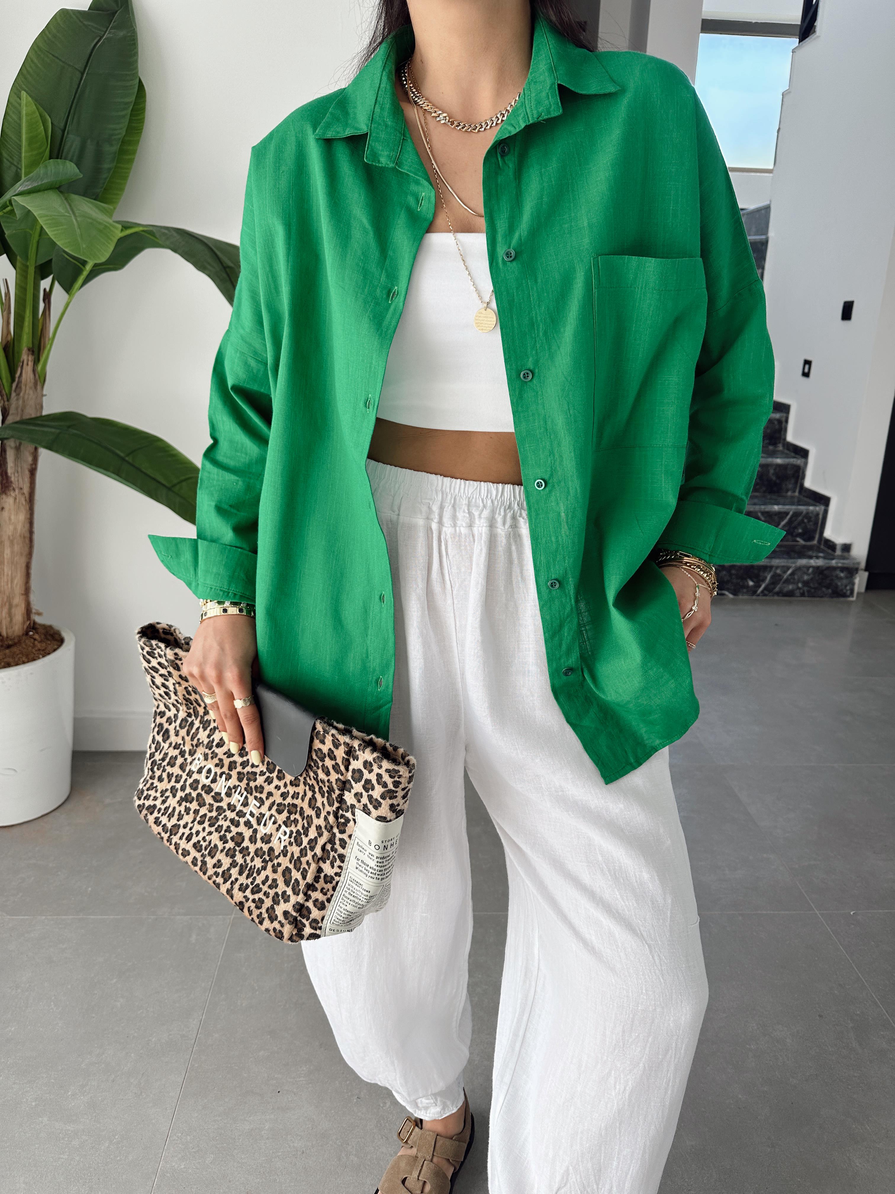 Benetton Flamlı Keten Tek Cep Oversize Gömlek