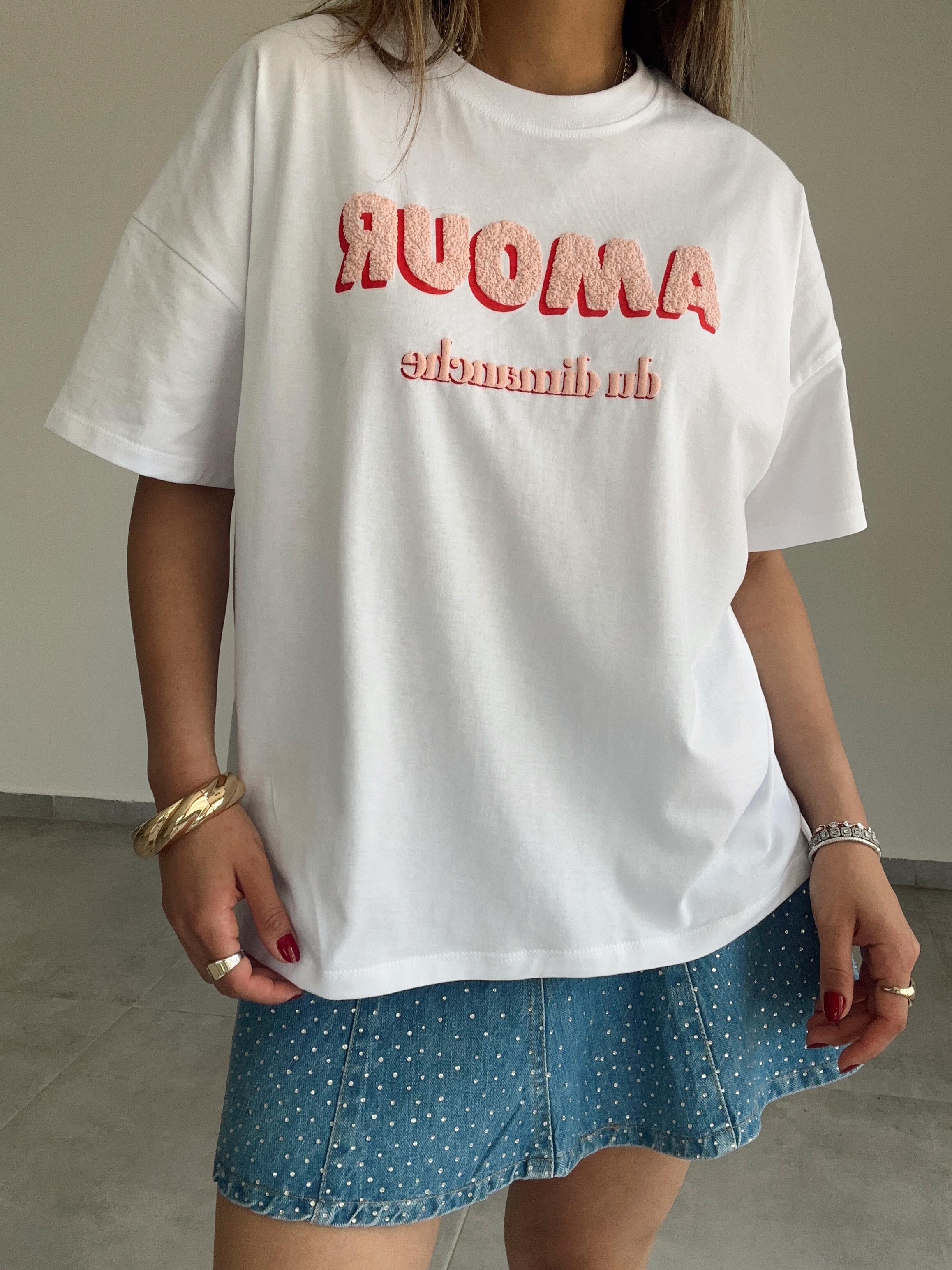 Beyaz Amour Baskılı Tişört