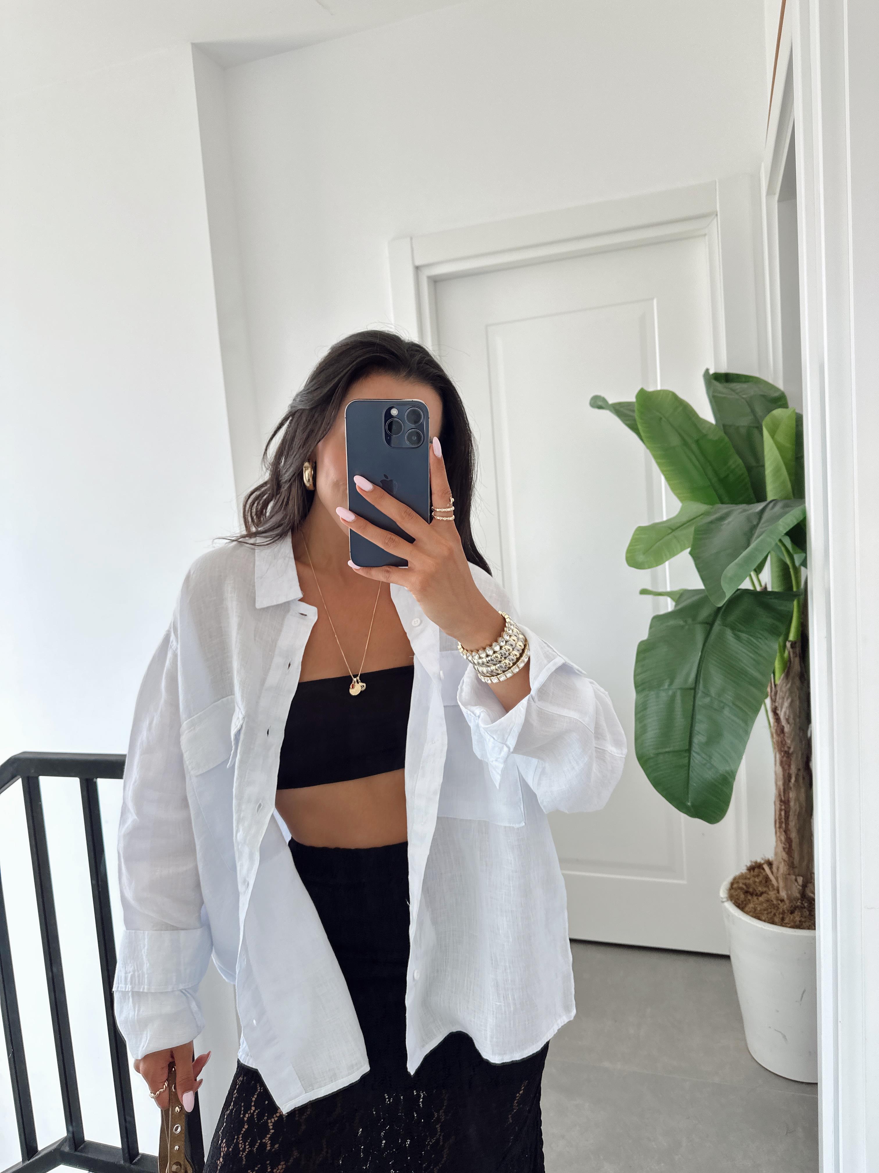 Beyaz Çift Cepli Keten Gömlek