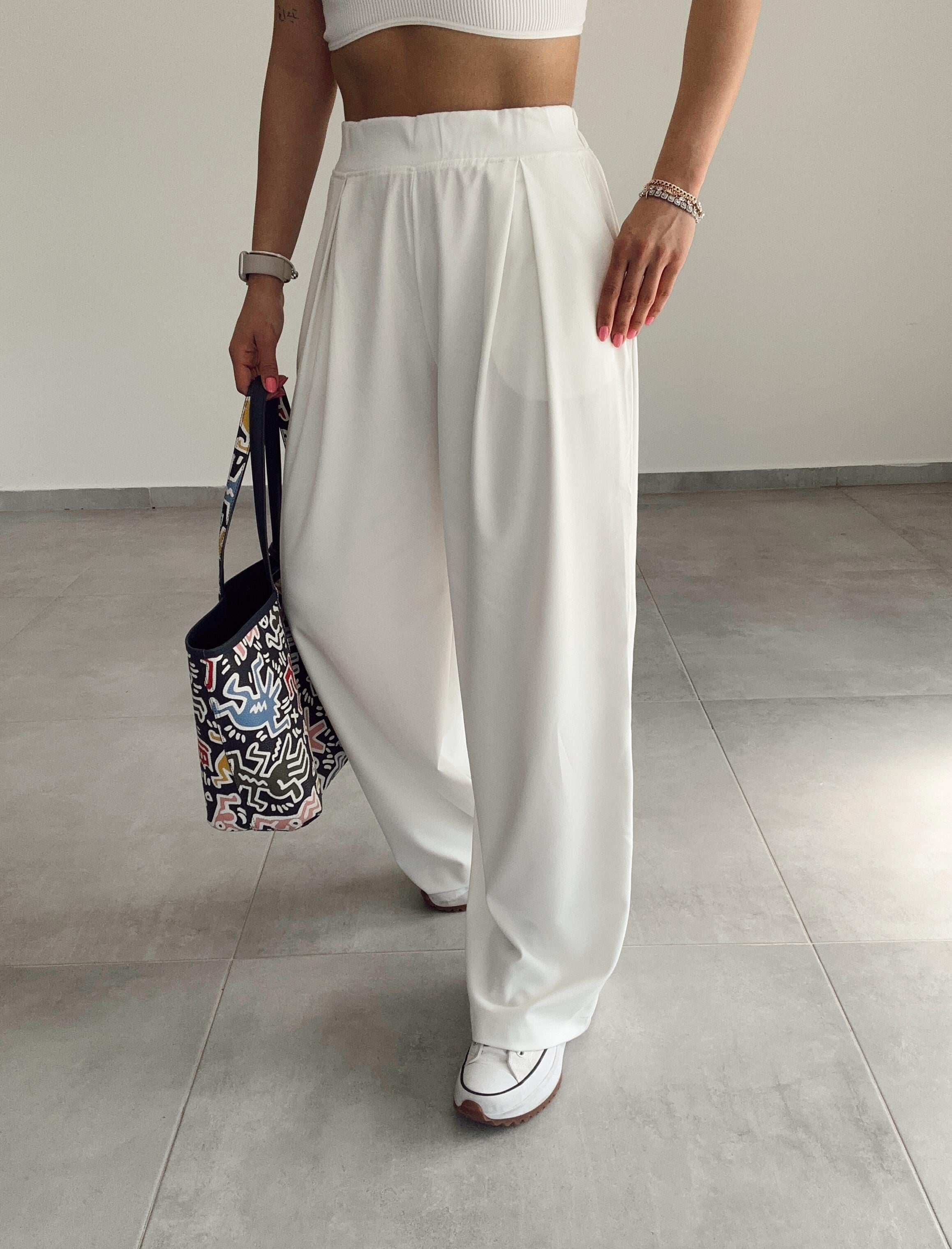 Beyaz Çift Pileli Palazzo