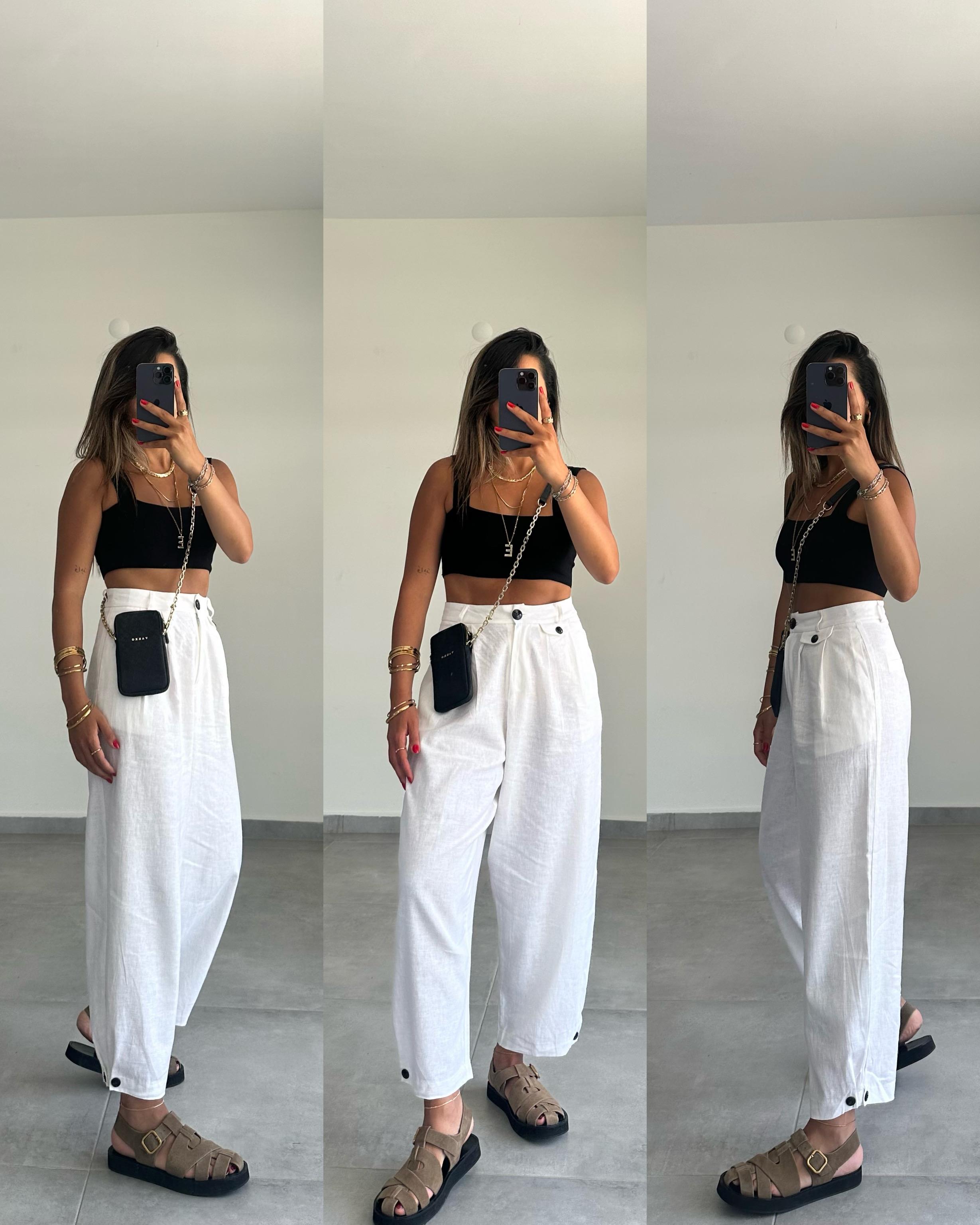 Beyaz Düğme Detaylı Keten Pantolon