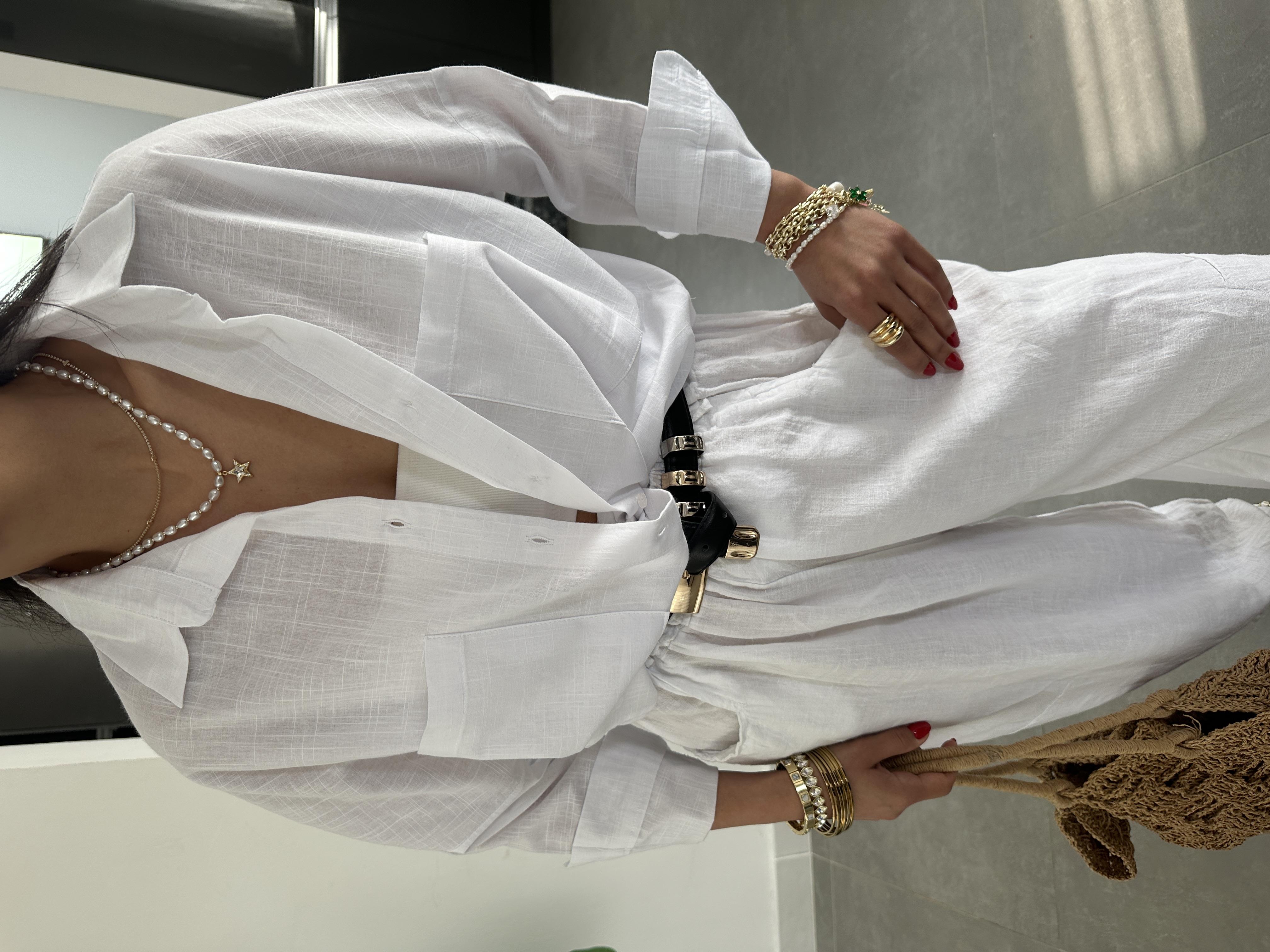 Beyaz Flamlı Keten Çift Cep Oversize Gömlek