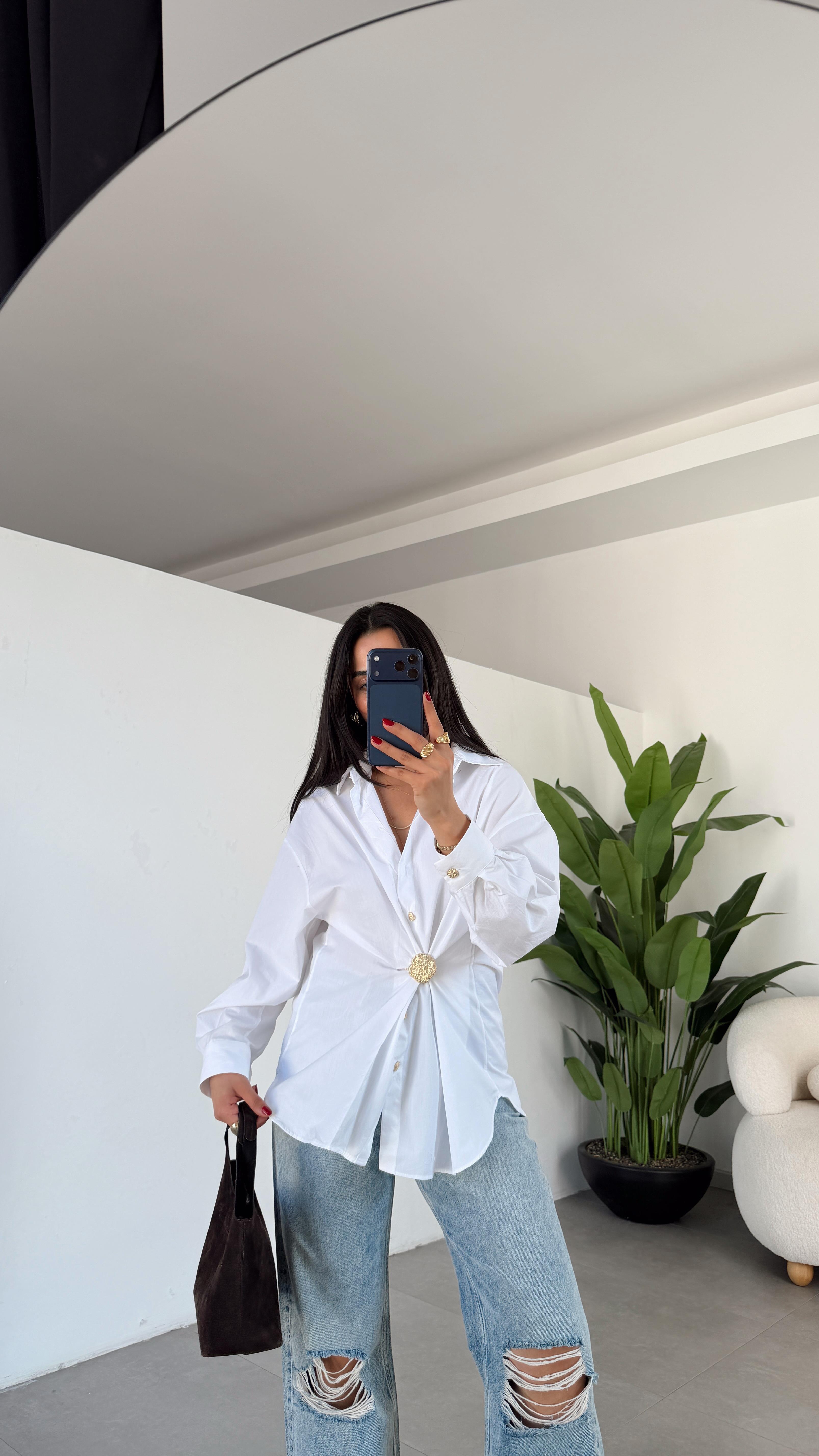 Beyaz Gold Tokalı Poplin Gömlek