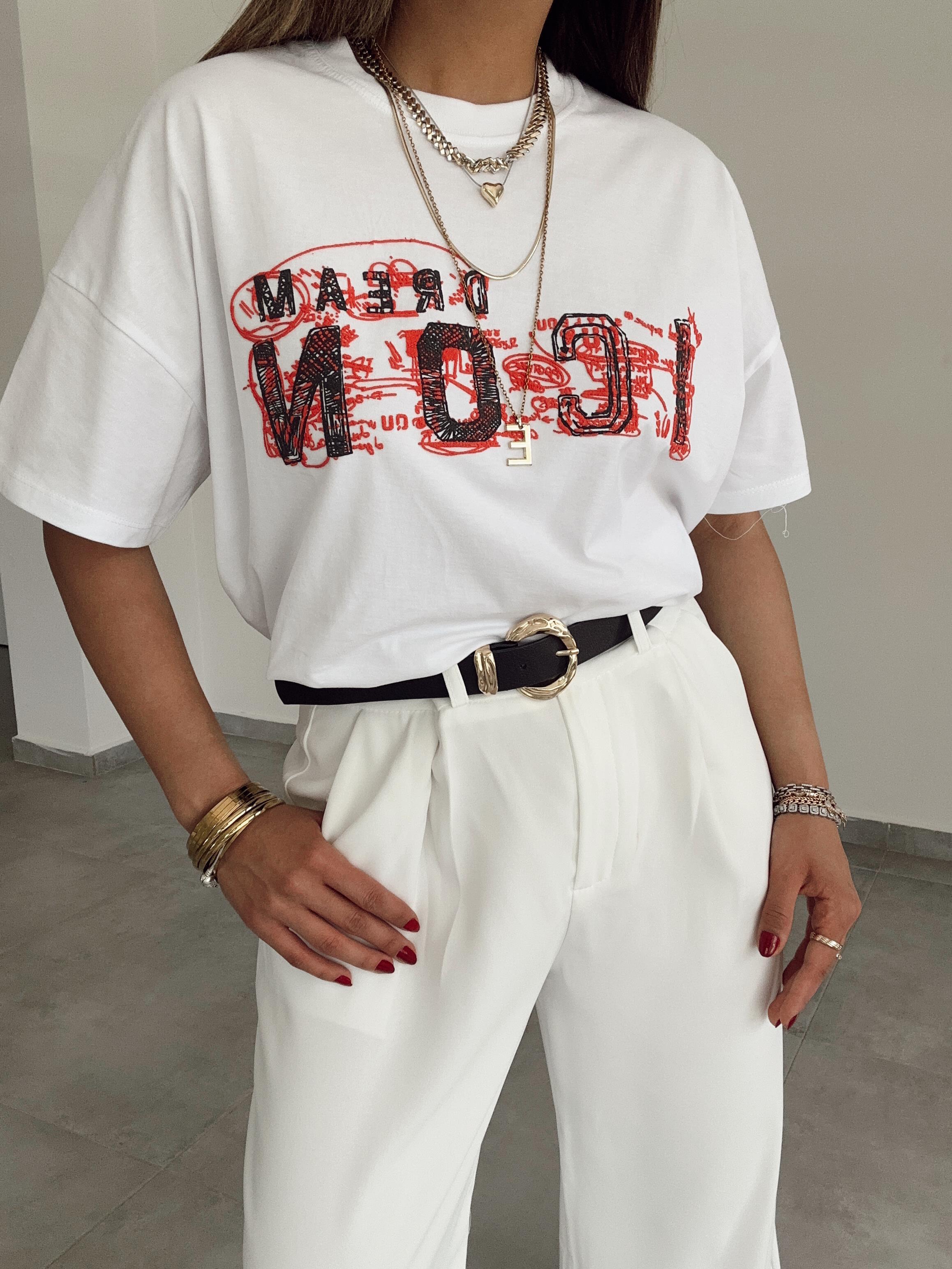 Beyaz İcon Baskılı Tişört