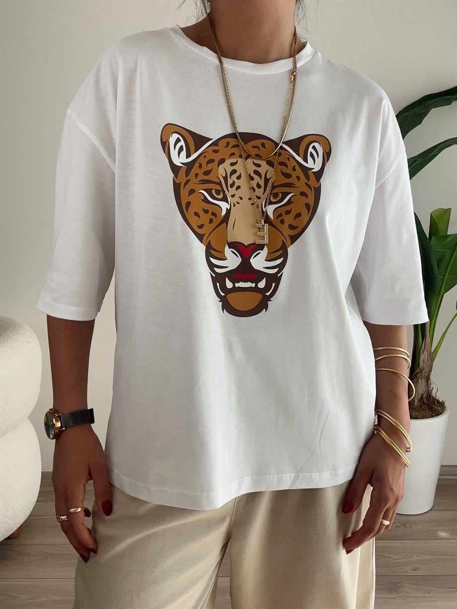 Beyaz Kaplan Baskılı Tişört