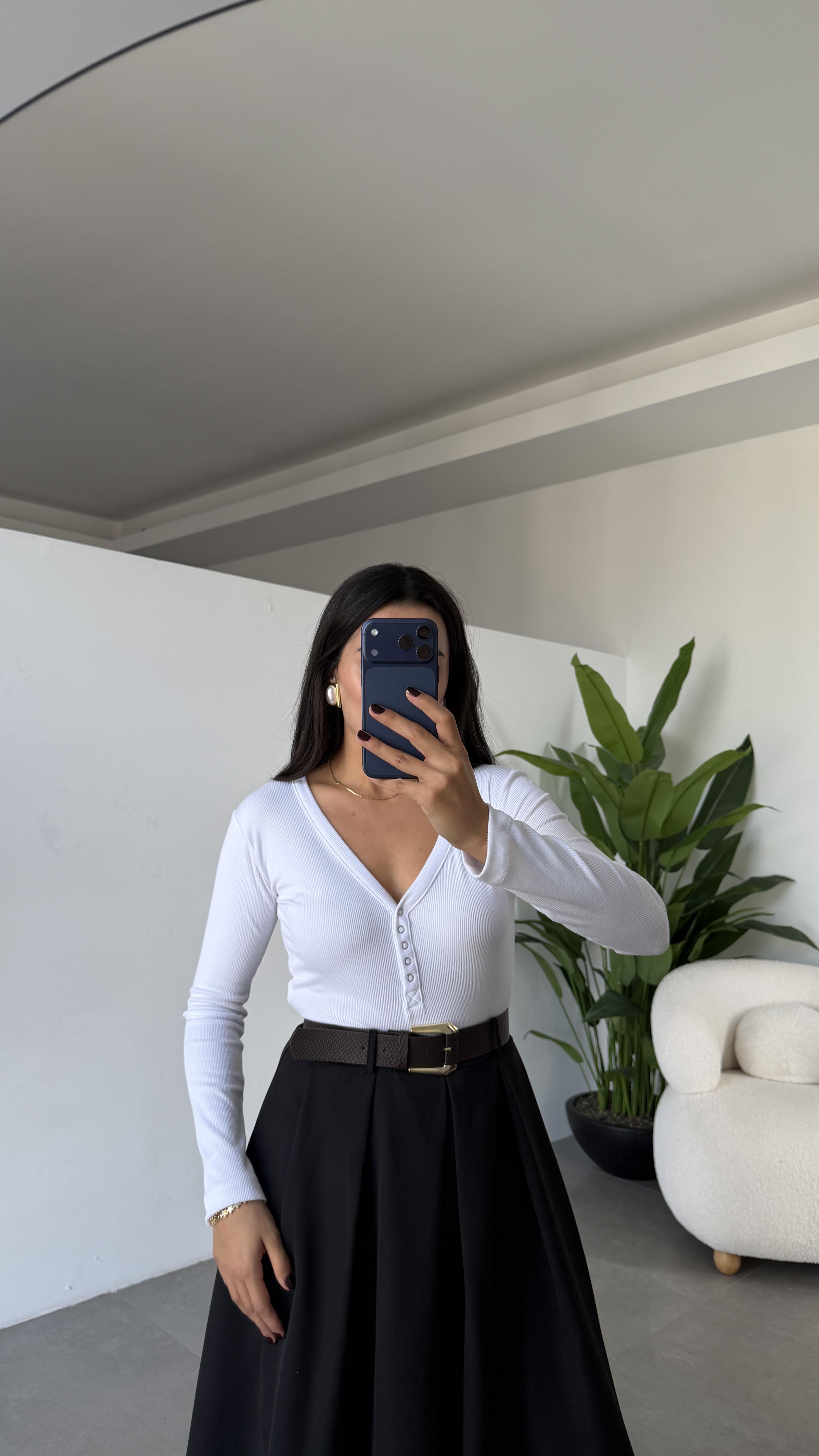 Beyaz Kaşkorse Ön Çıtçıtlı Uzun Kol Body