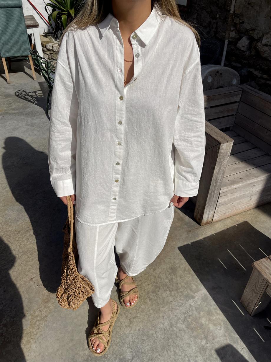 Beyaz Keten Şalvar Pantolon