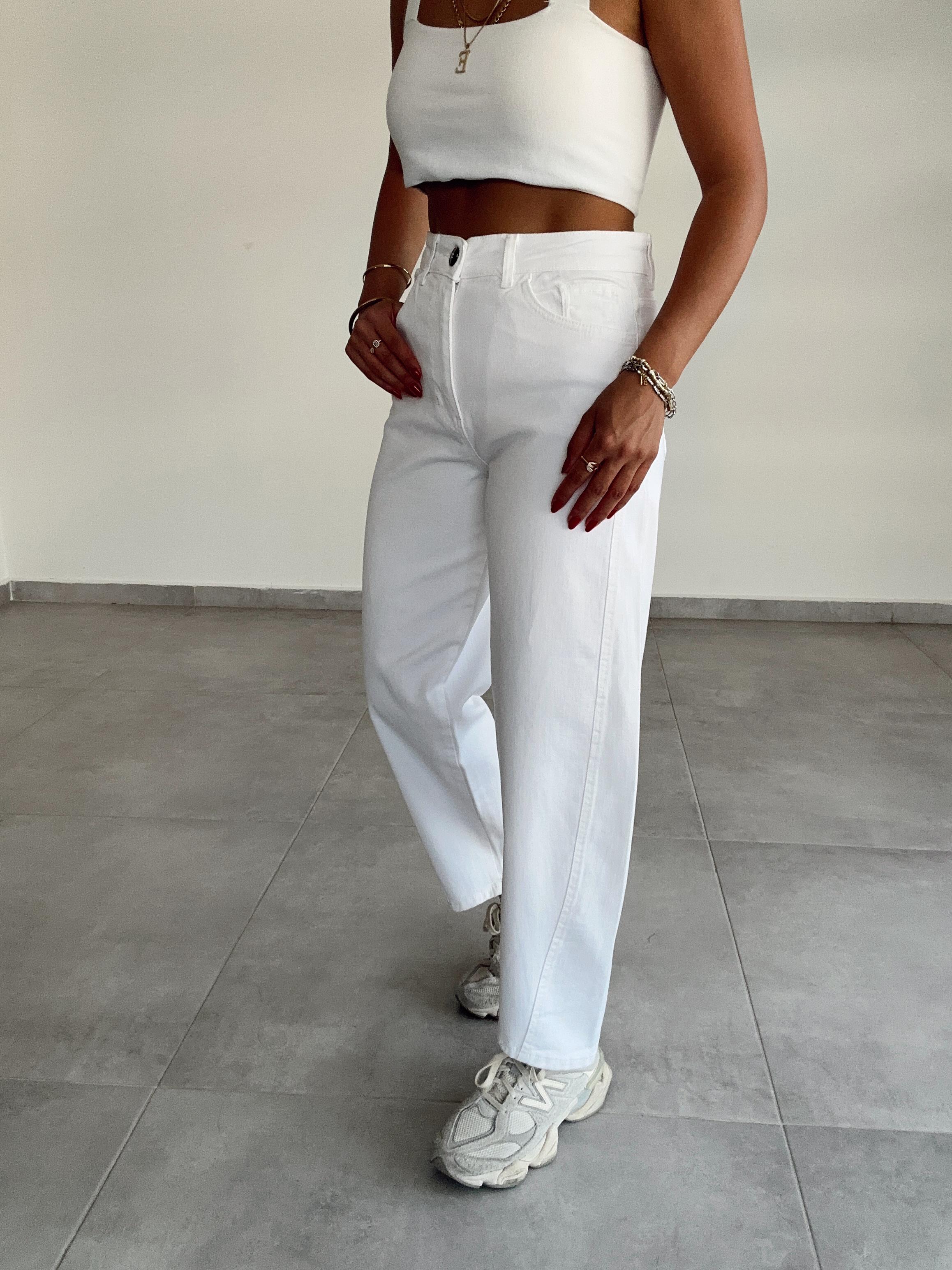 Beyaz Likralı Mom Jean