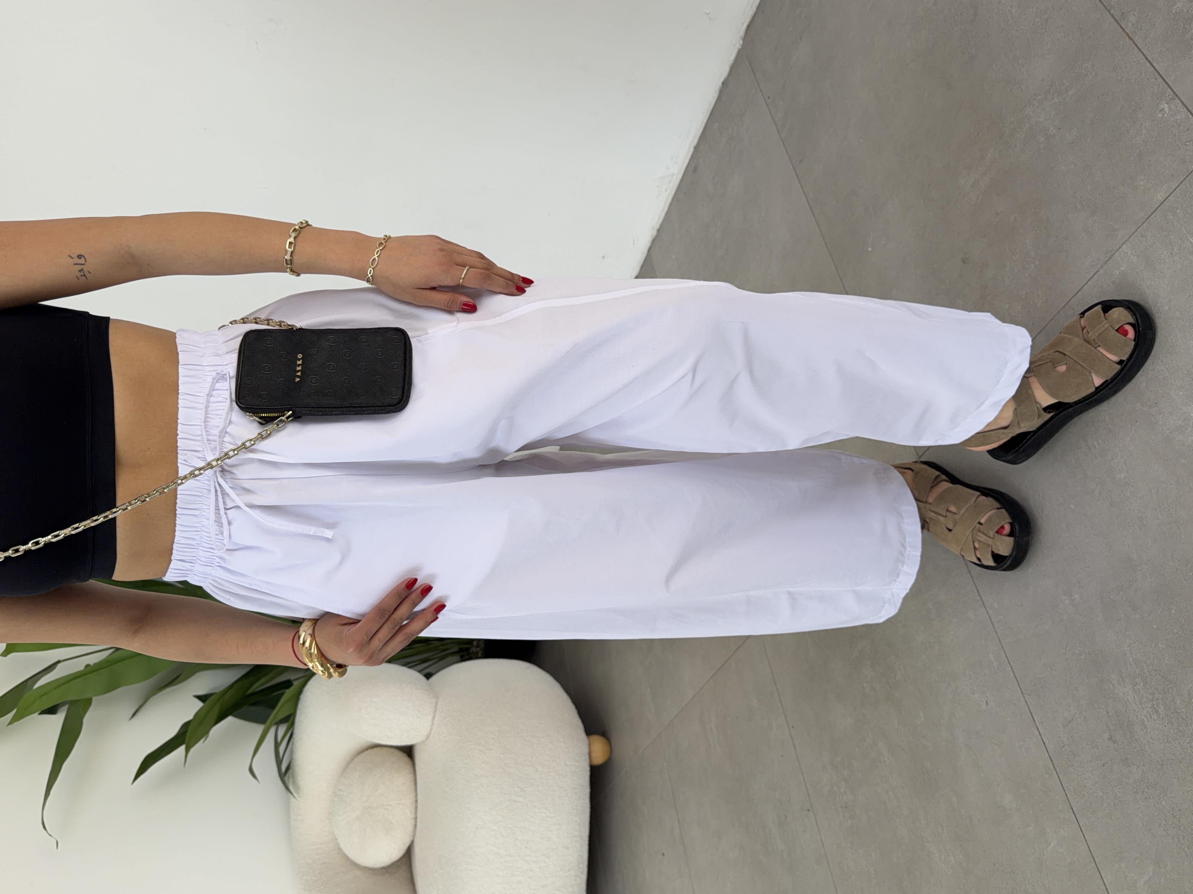 Beyaz Marina Kumaş Cepli Parçalı Boru Paça Pantolon