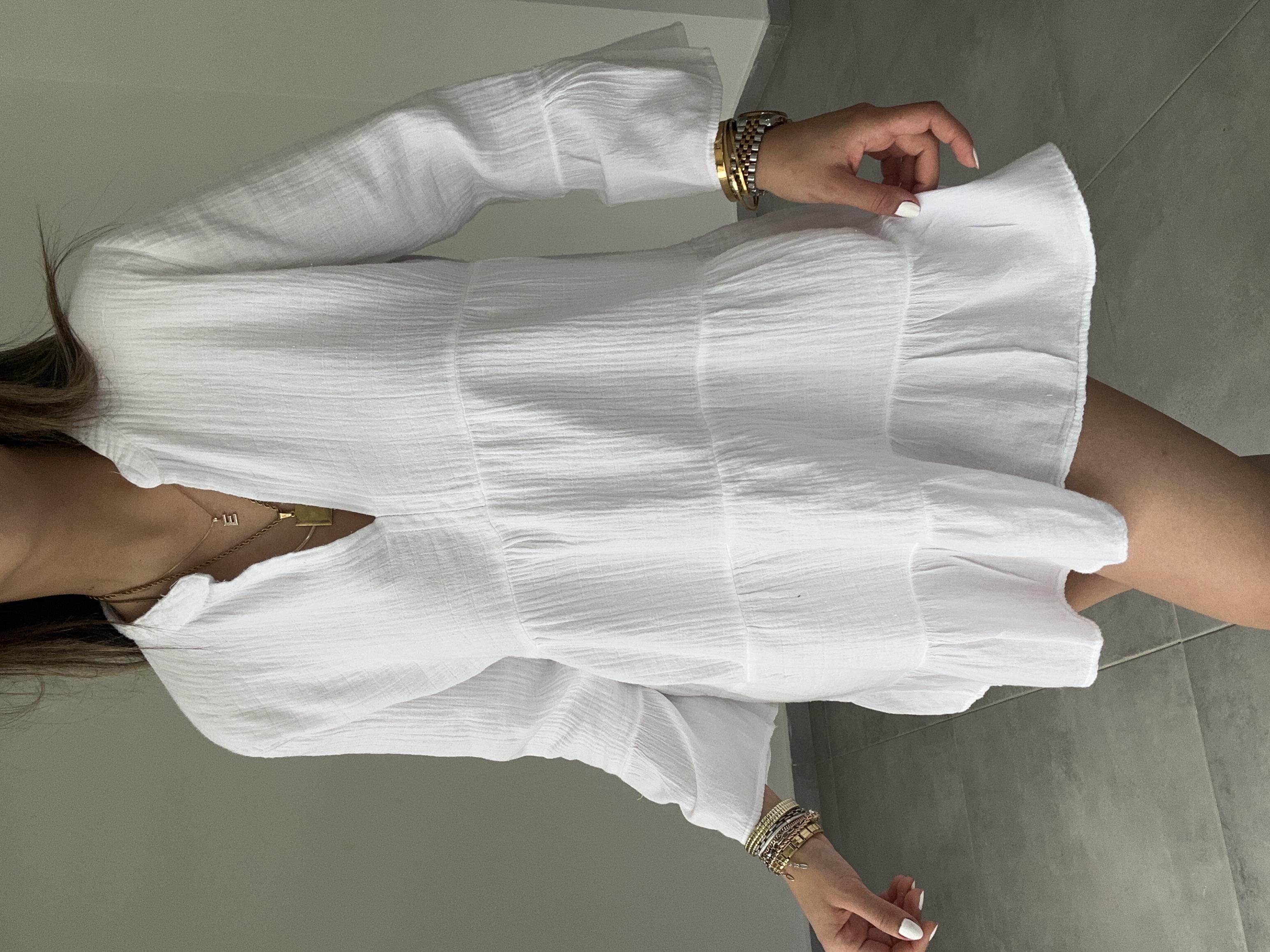 Beyaz Müslin Hakim Yaka Kısa Elbise