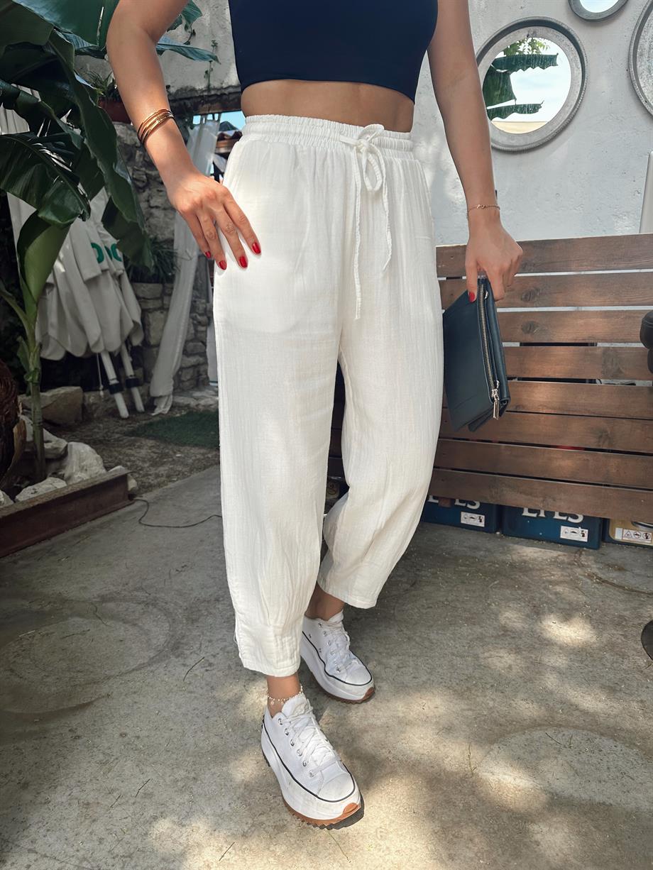 Beyaz Paça Pilili Keten Pantolon