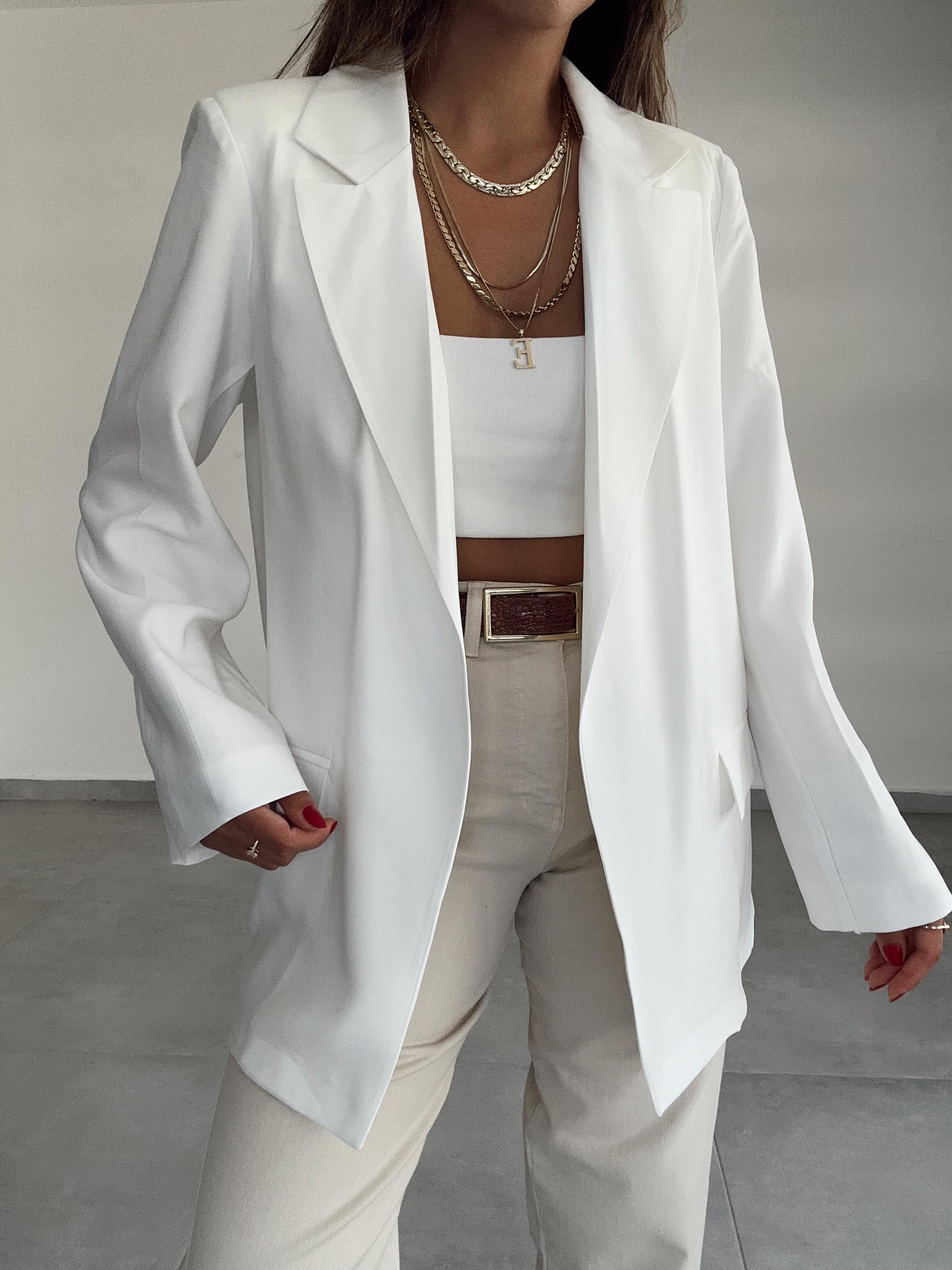 Beyaz Tensel Blazer Ceket