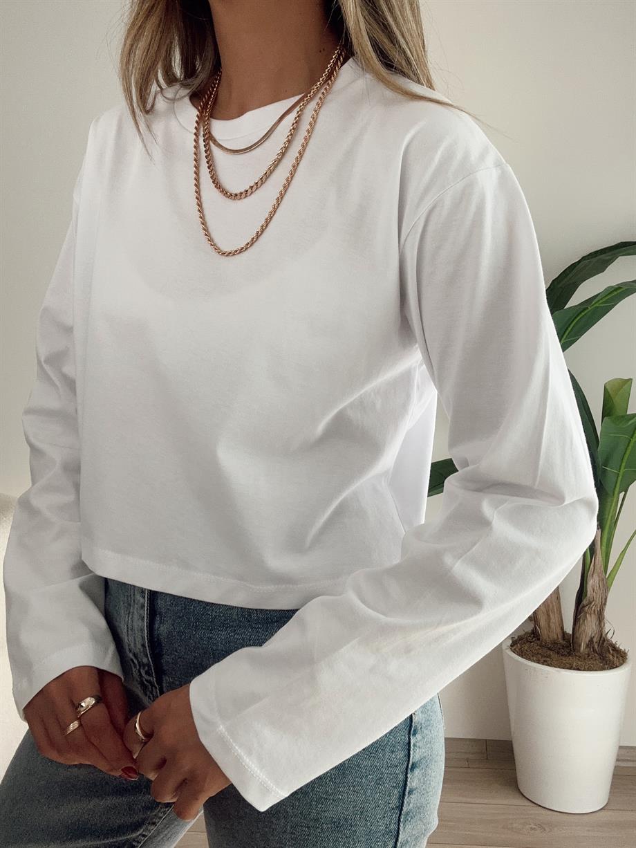Beyaz Uzun Kol Kısa Oversize Basic
