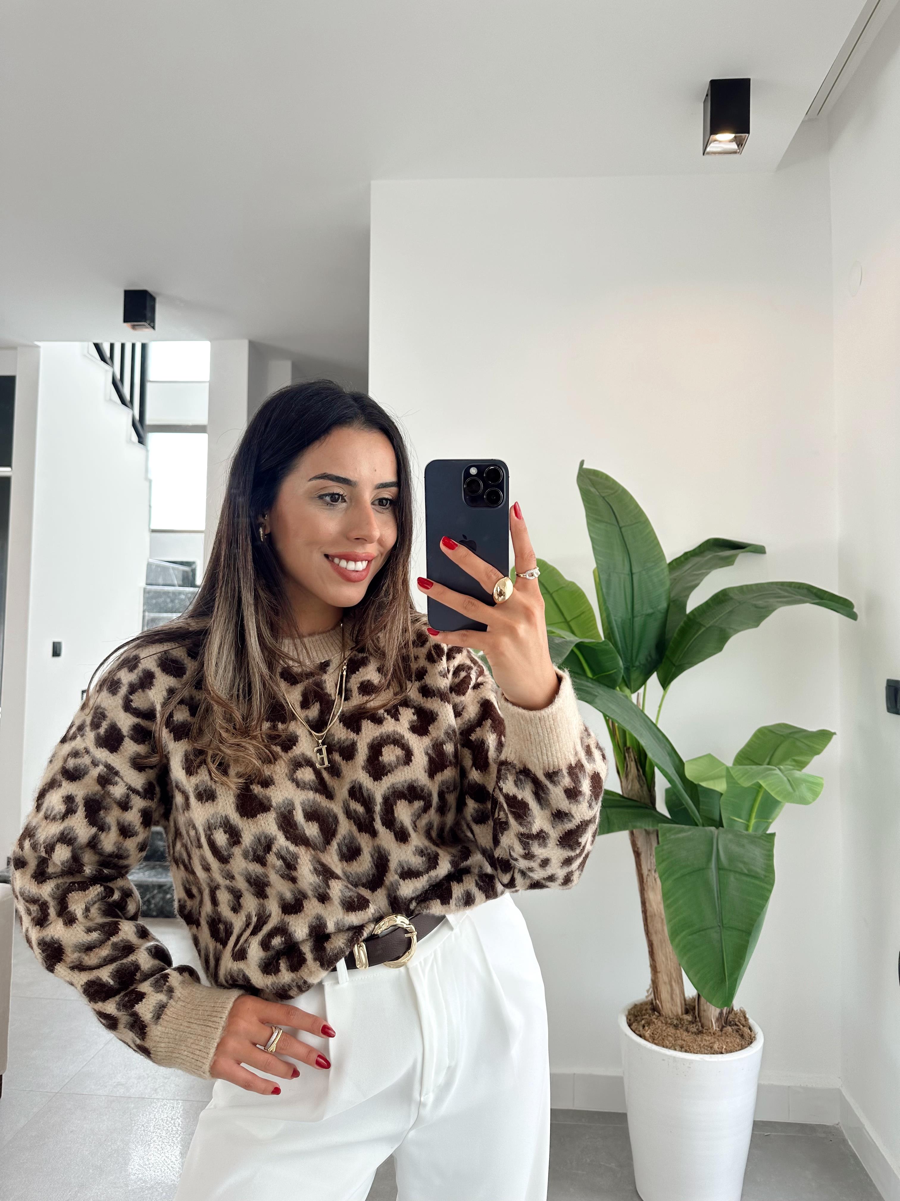 Bisiklet Yaka Leopar Şardonlu Kahve Triko Kazak