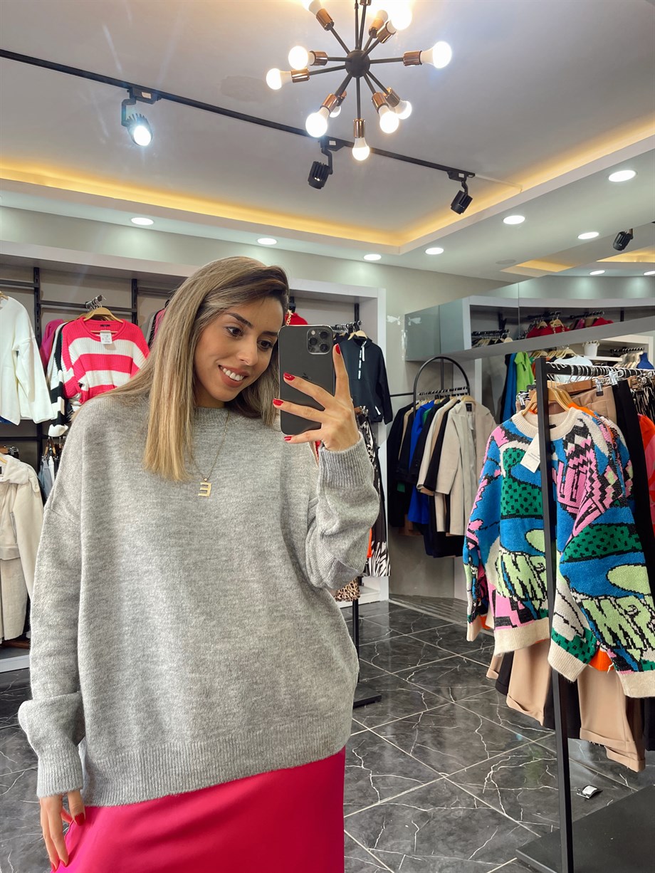 Bisiklet Yaka Salaş Gri Kazak