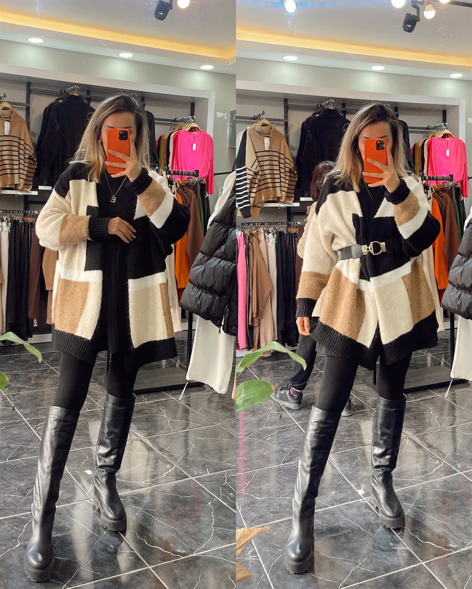 Blok Renkli Triko Hırka