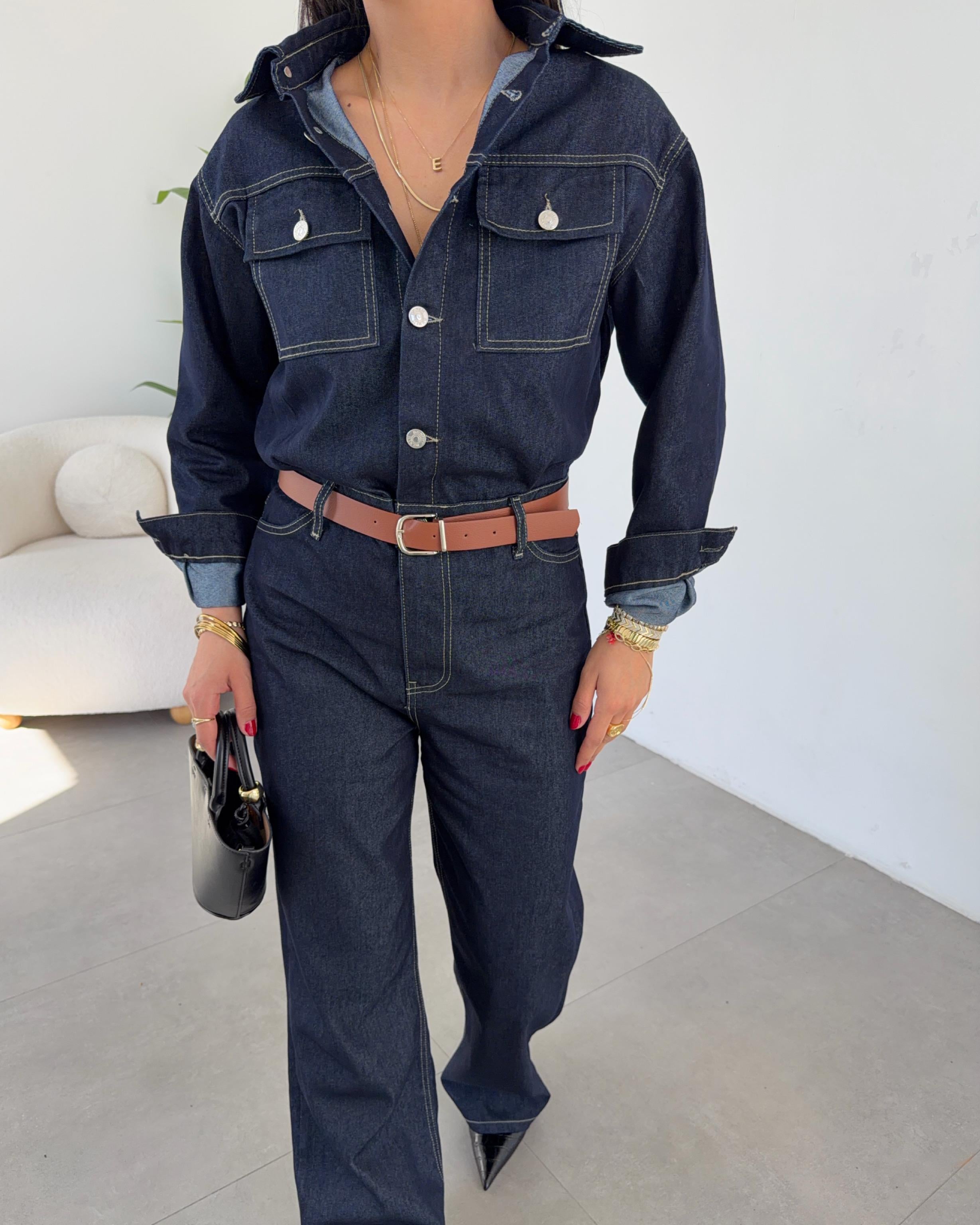 Blue Denim Kot Kemerli Tulum