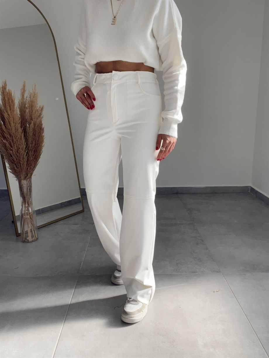 Bol Paça Ekru Deri Pantolon