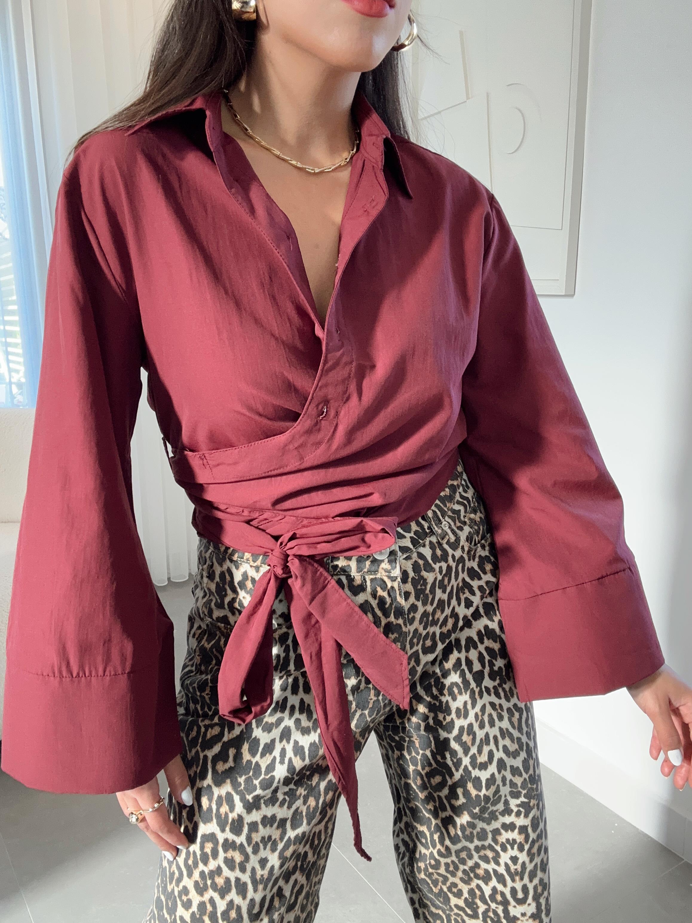 Bordo Bağlamalı Crop Gömlek