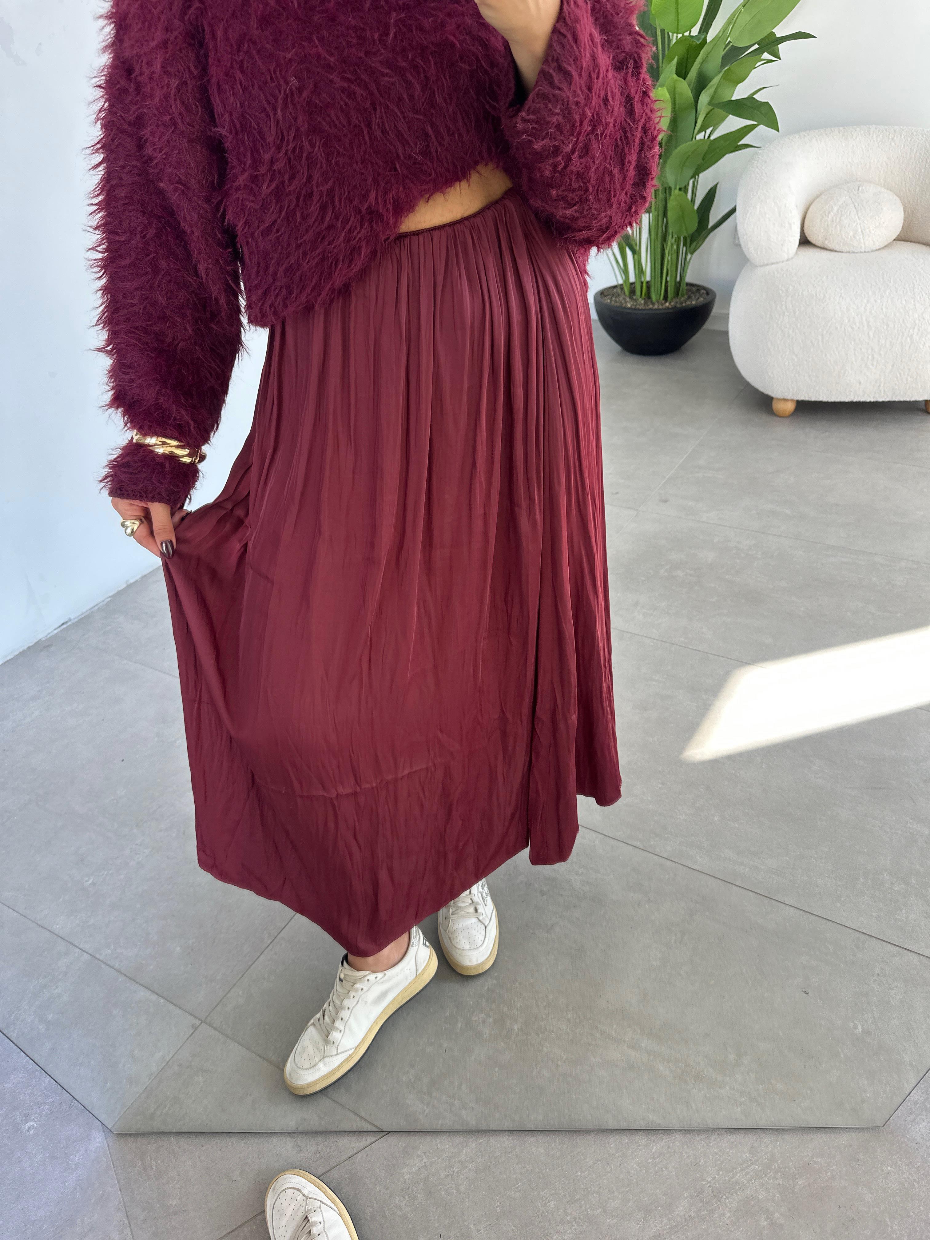 Bordo Beli Lastikli Saten Etek