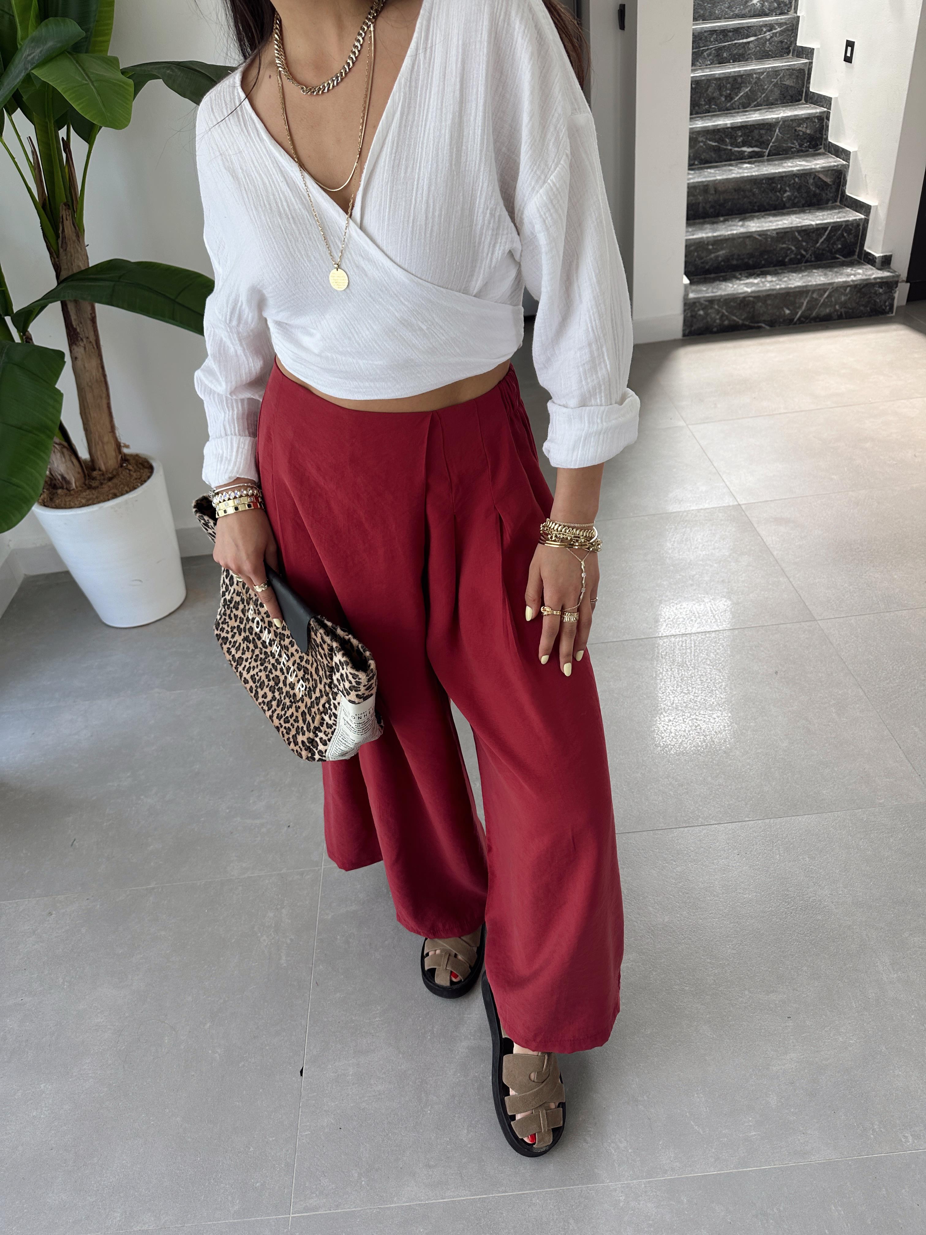 Bordo Beli Lastkli Pareo Pantolon