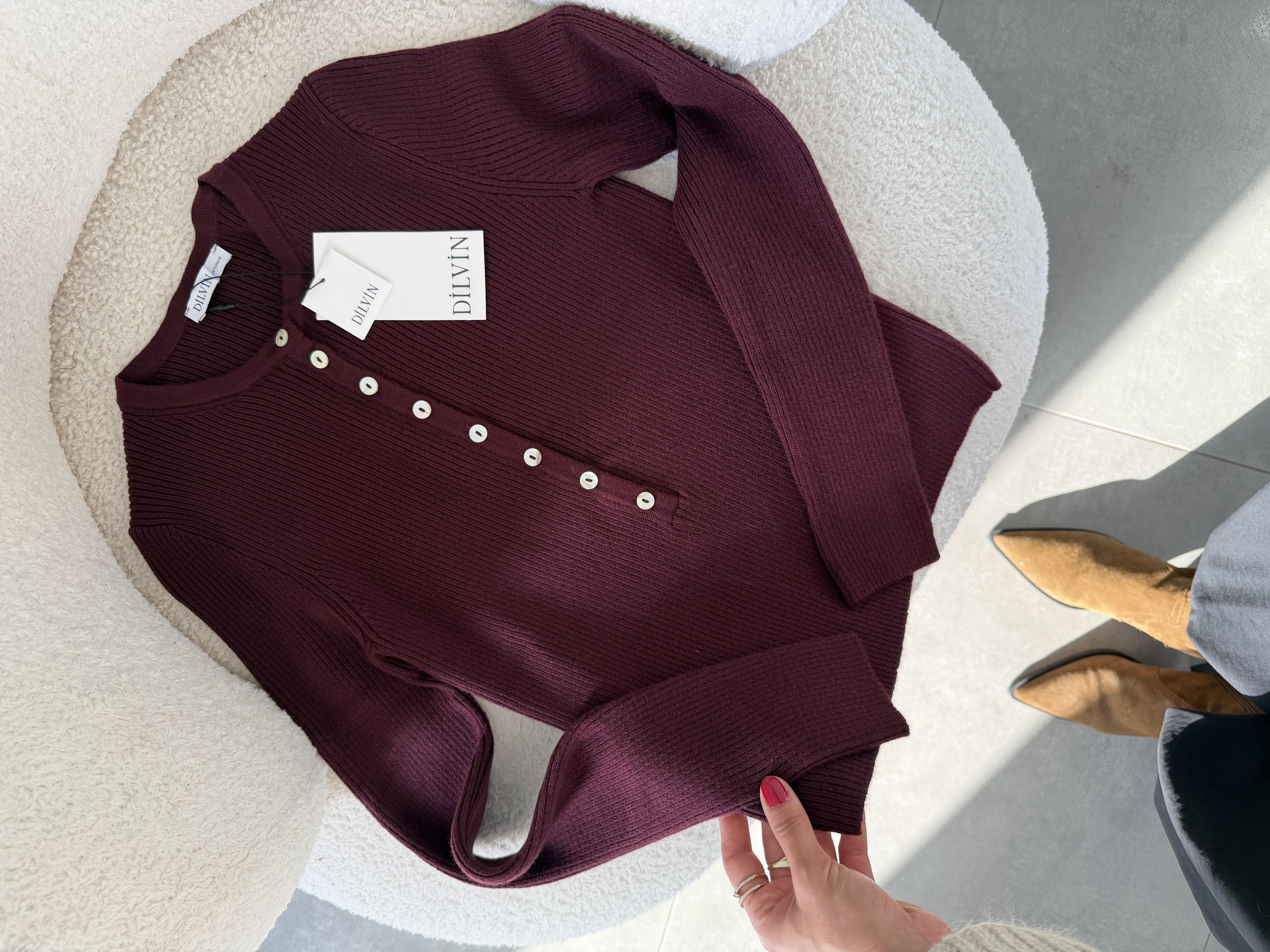 Bordo Bisiklet Yaka Yünlü Düğmeli Triko