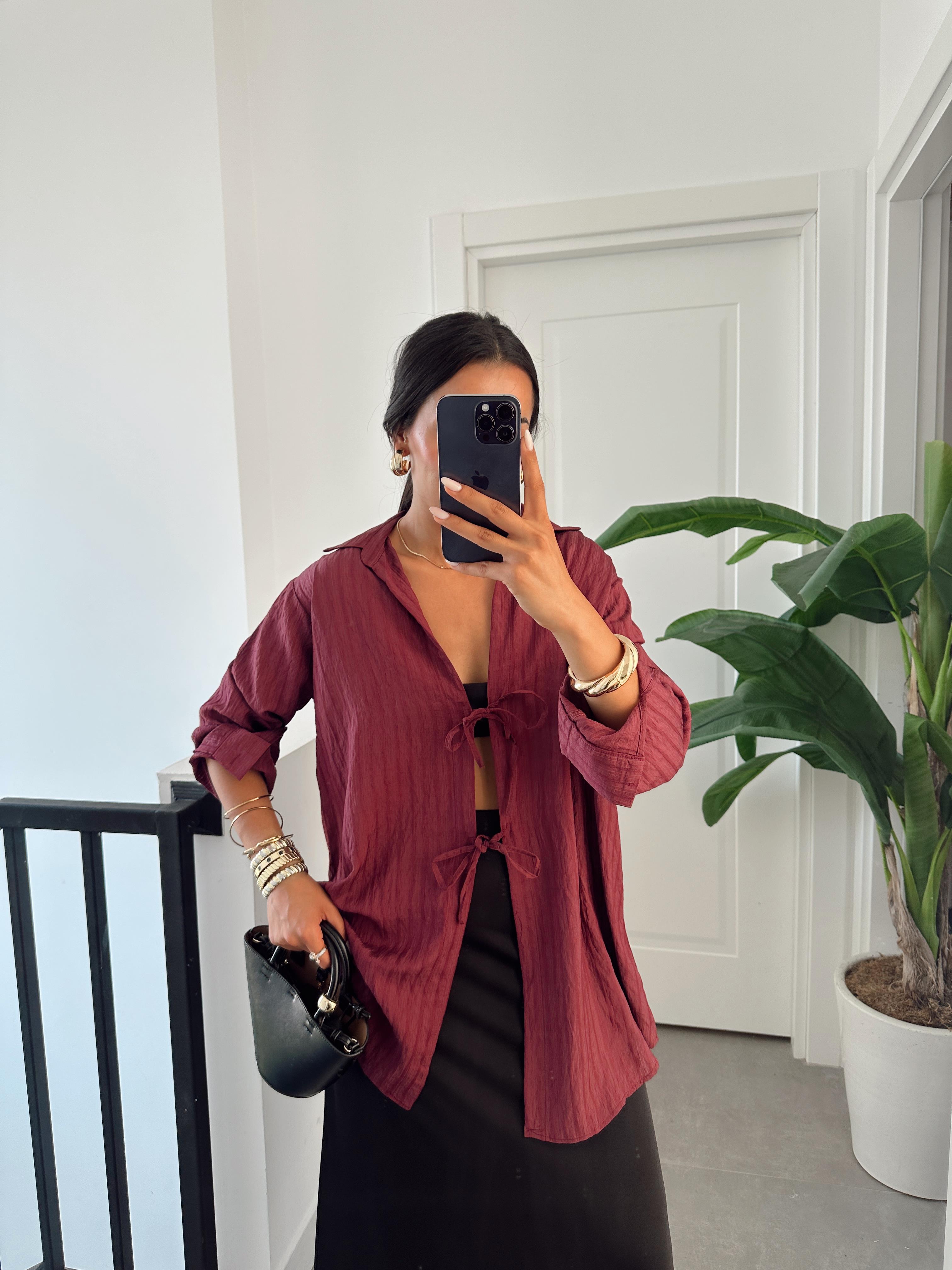 Bordo Çift Bağlamalı Pareo Gömlek