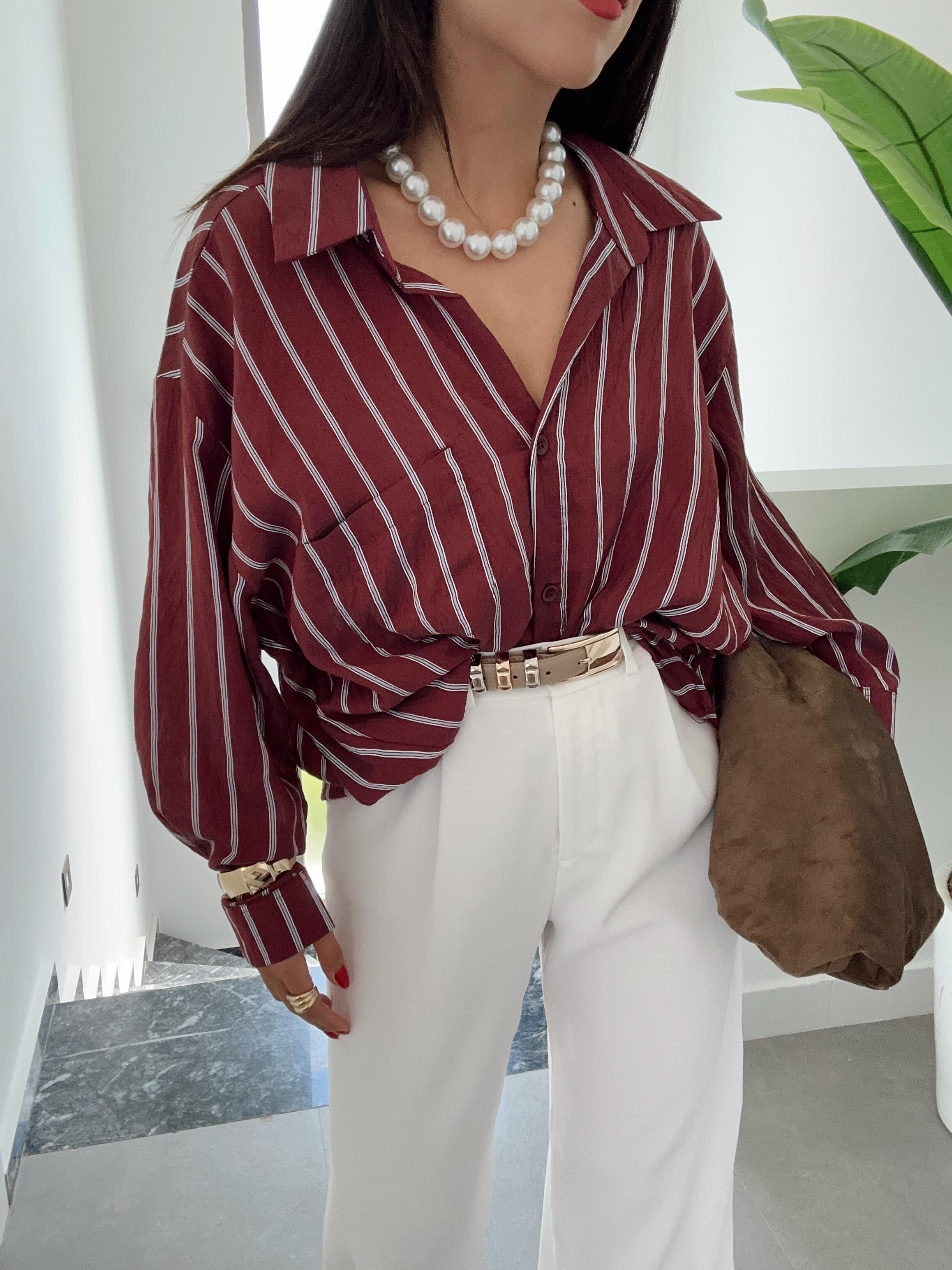 Bordo Çizgili Kraş Gömlek
