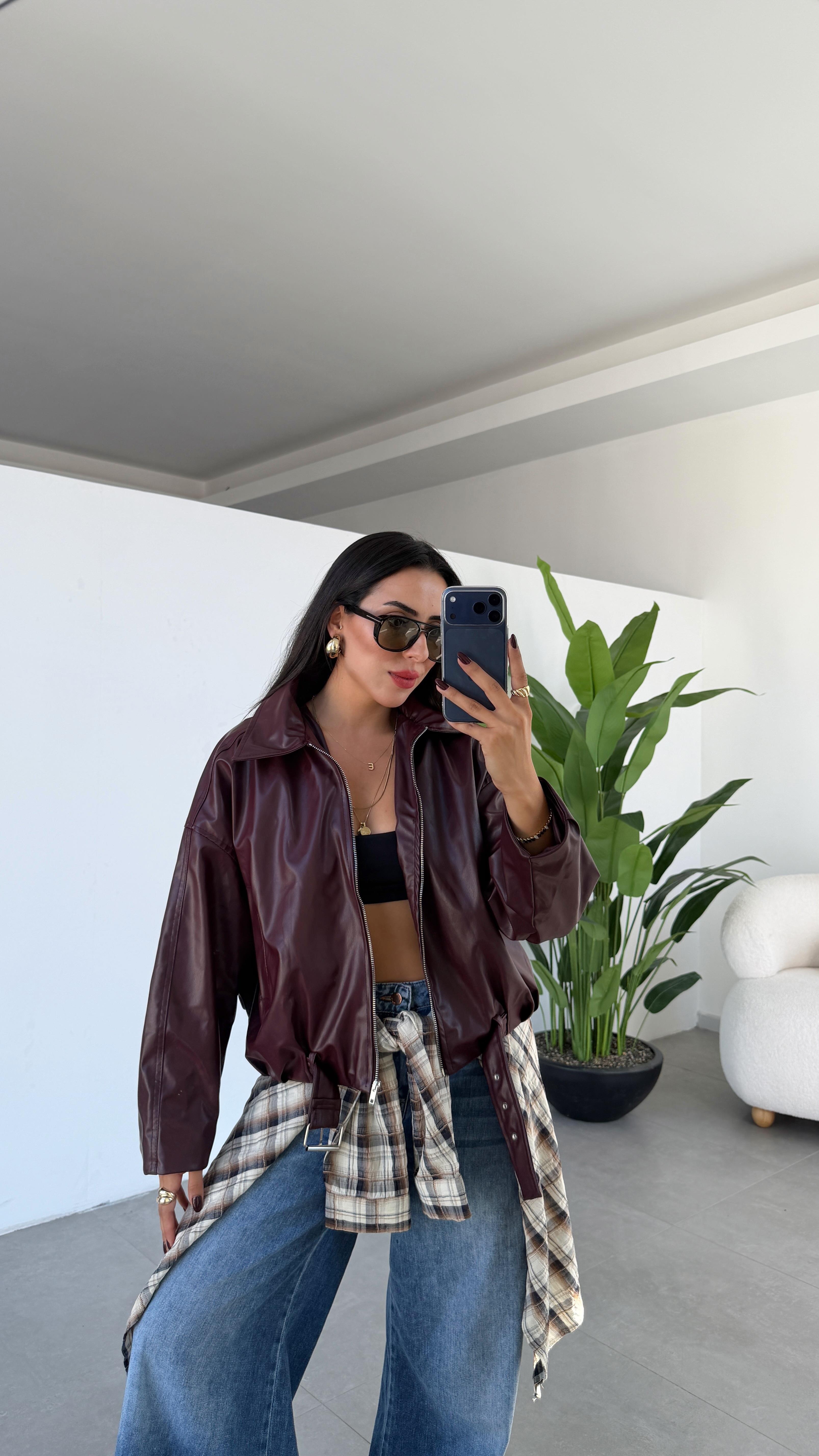 Bordo Deri Kemerli Bomber Ceket