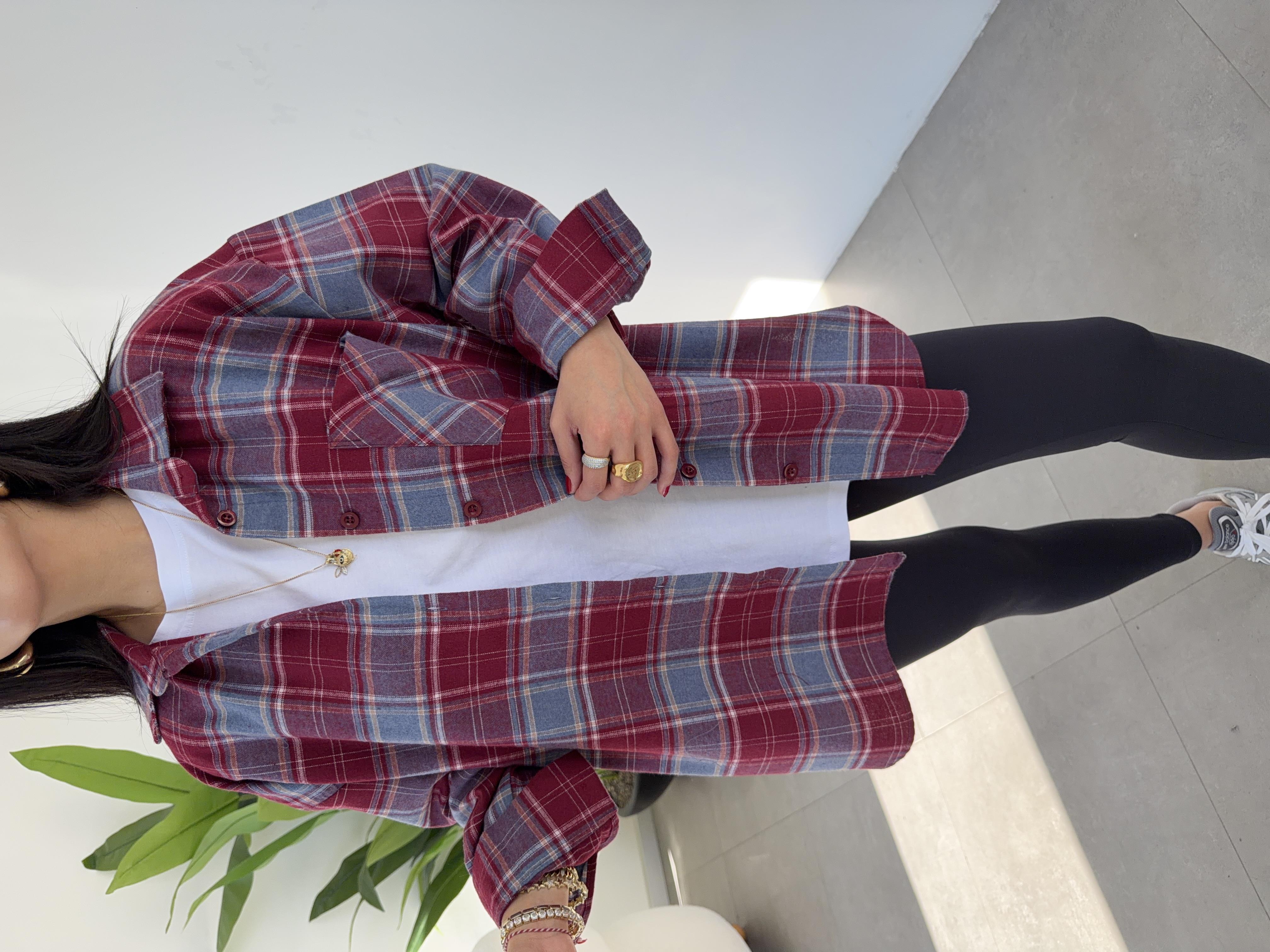 Bordo Ekose Pamuk Oversize Gömlek