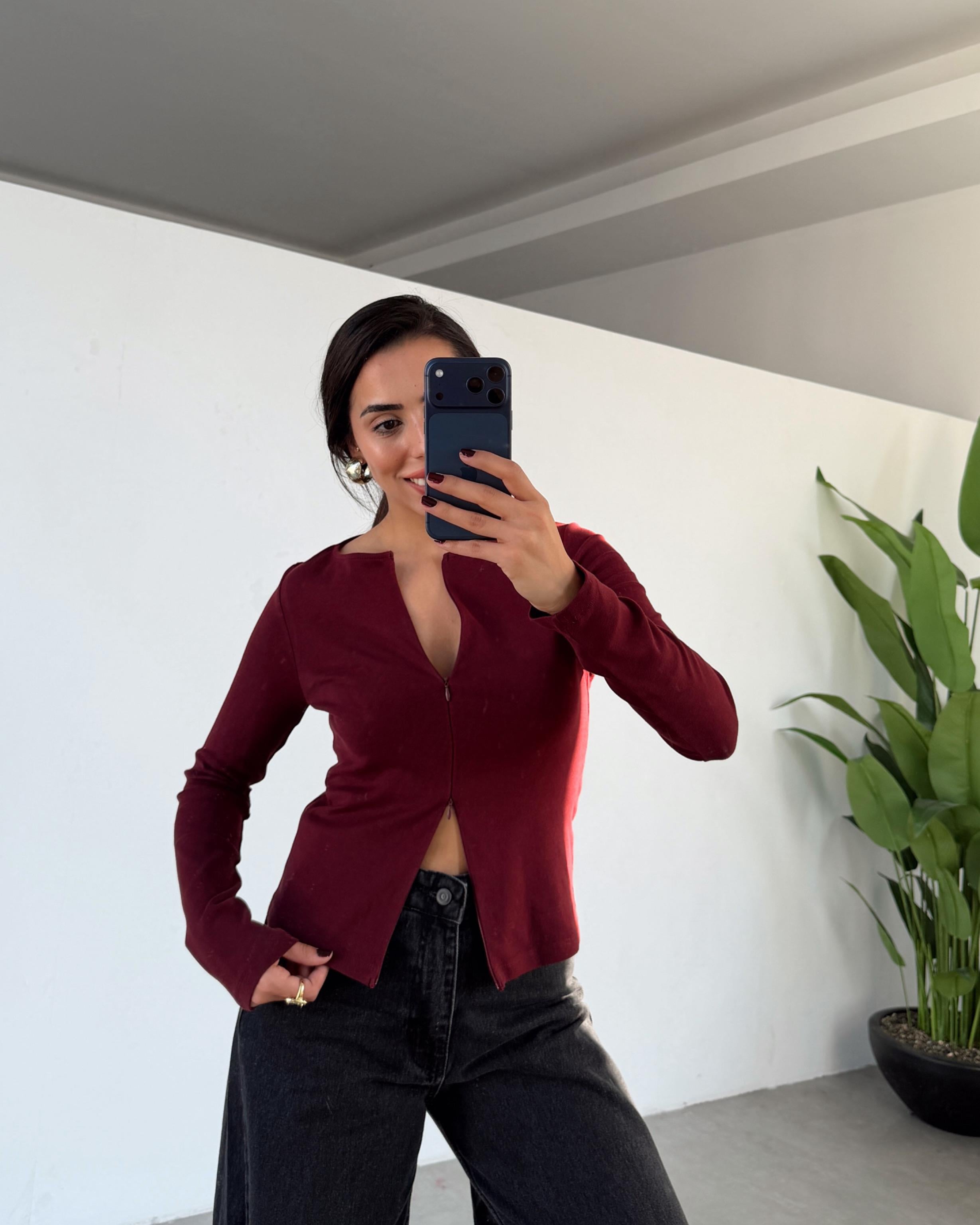 Bordo Fermuar Detaylı Uzun Kollu Bluz