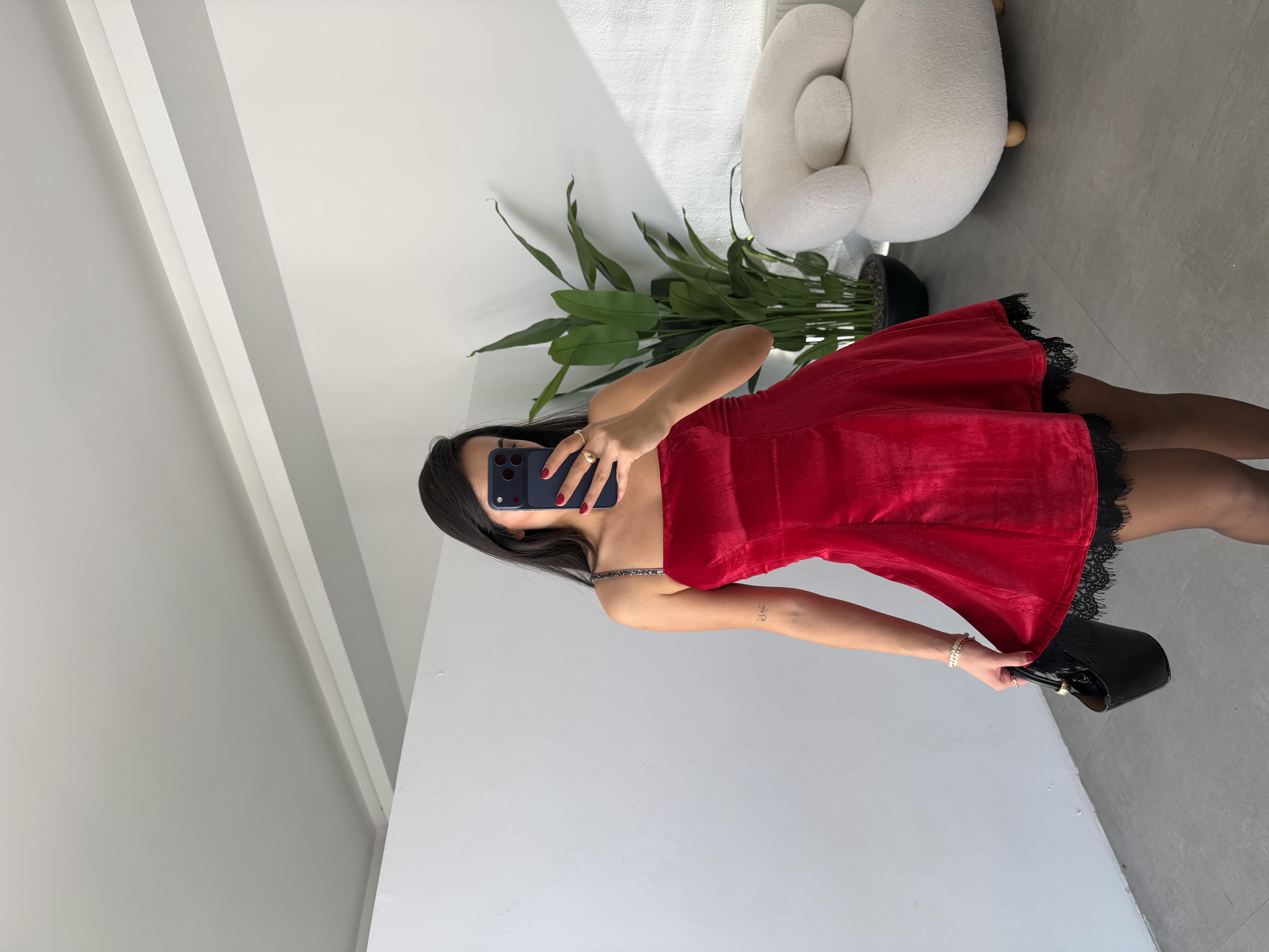 Bordo Kadife Dantel Detaylı Elbise