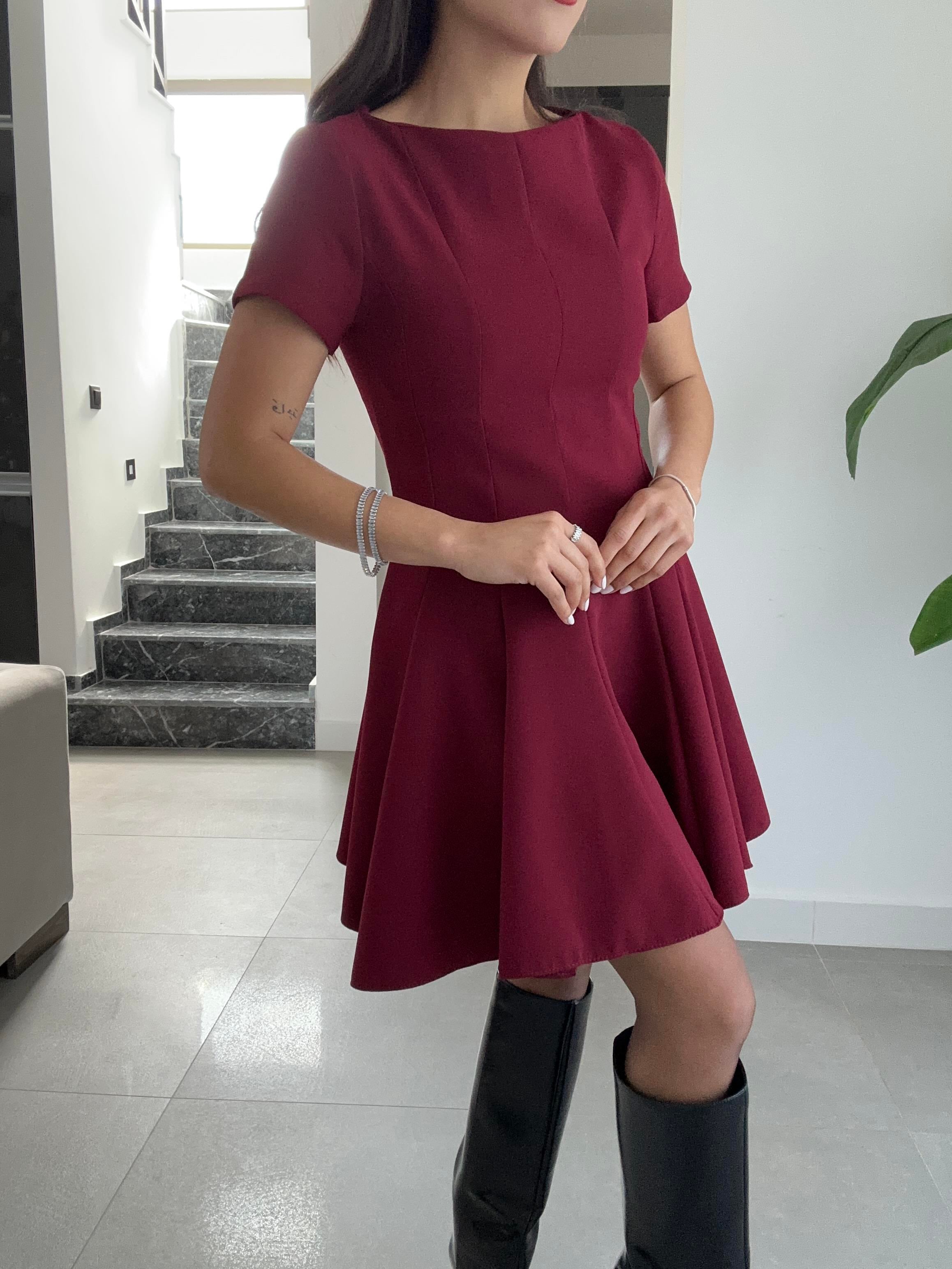 Bordo Kısa Kol Parçalı Kloş Elbise