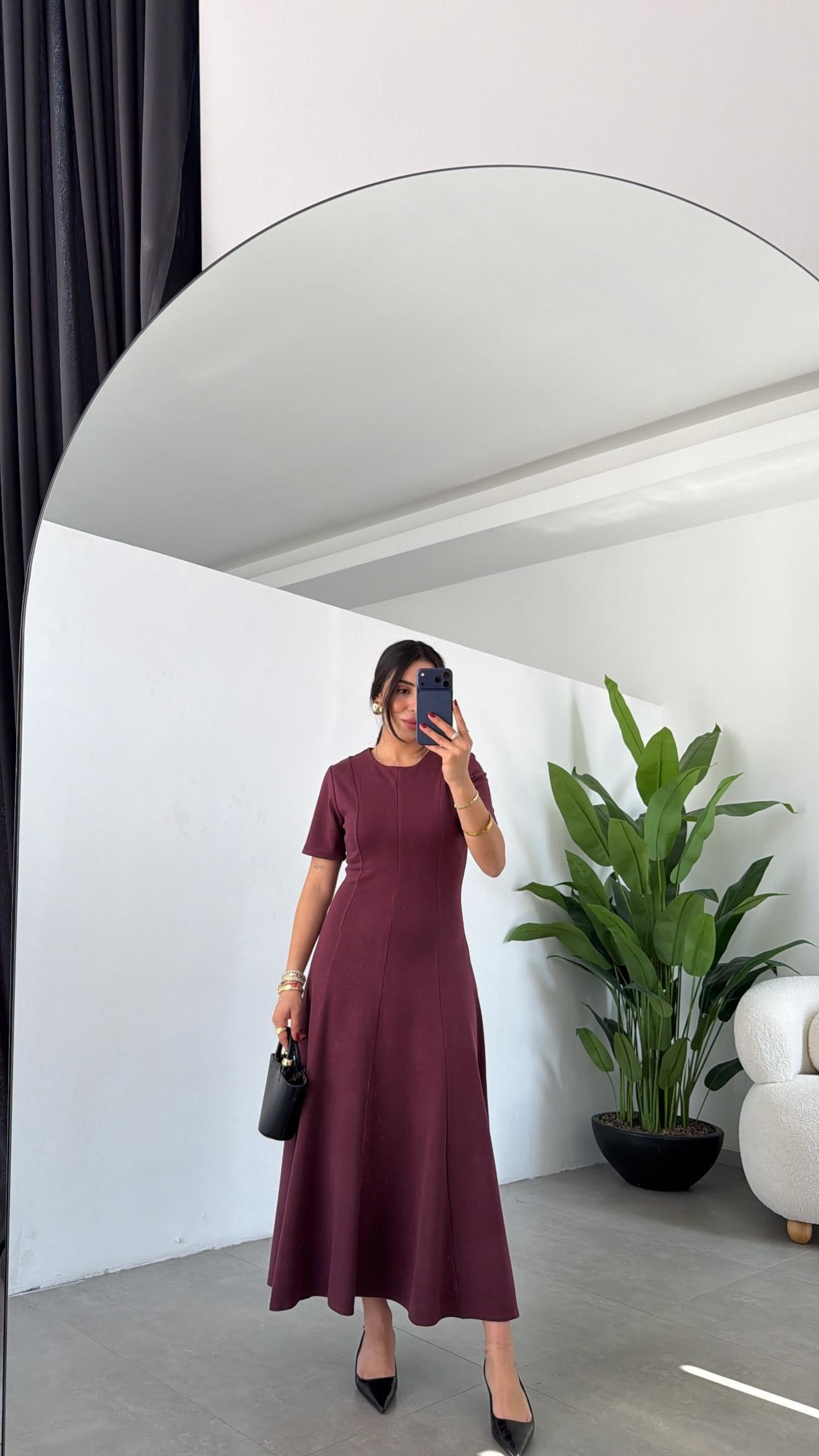 Bordo Kısa Kollu Çelik Kumaş Elbise