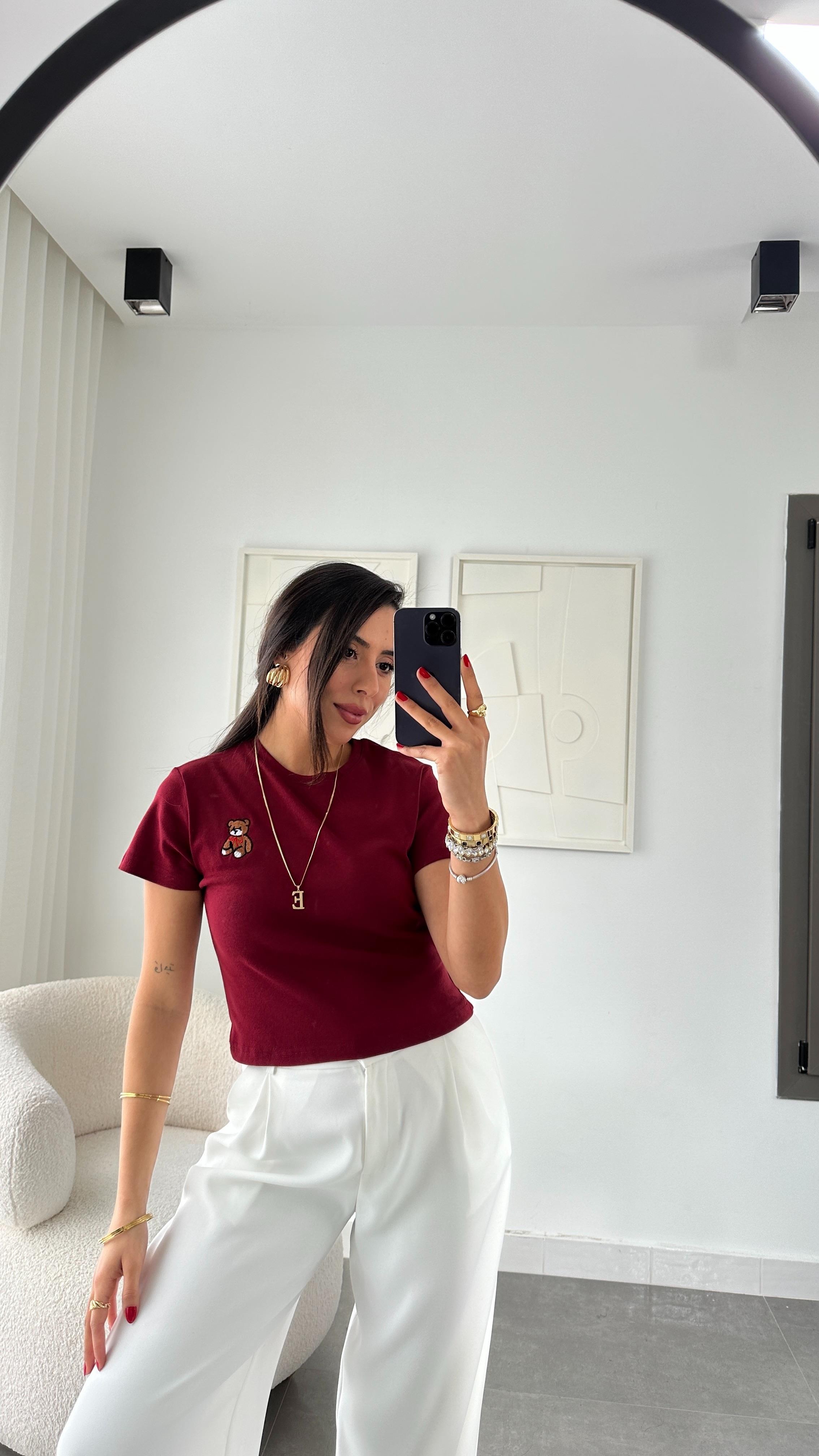 Bordo Küçük Tedy Nakışlı Tshirt