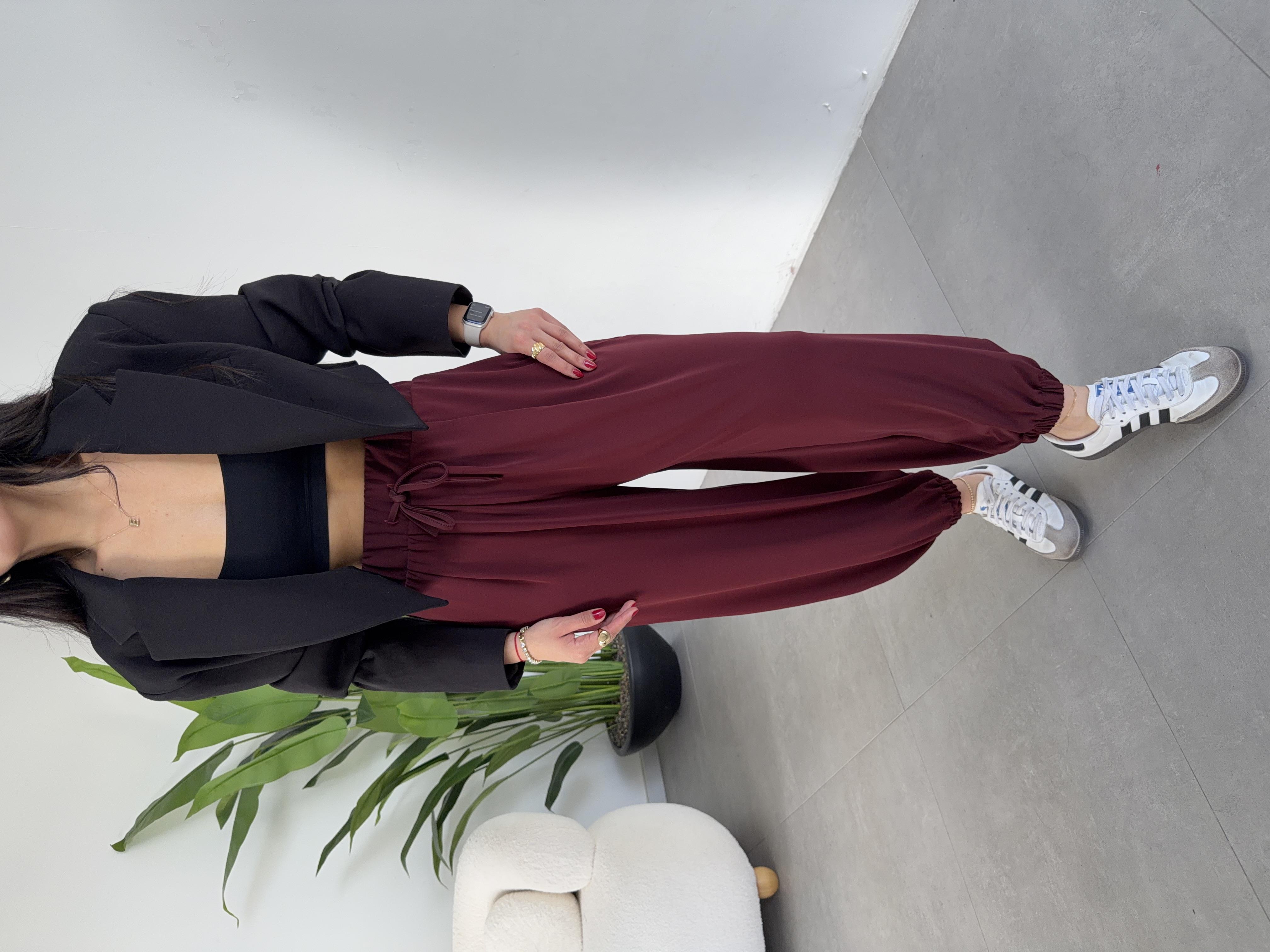 Bordo Likralı Kemerli Şalvar Pantolon