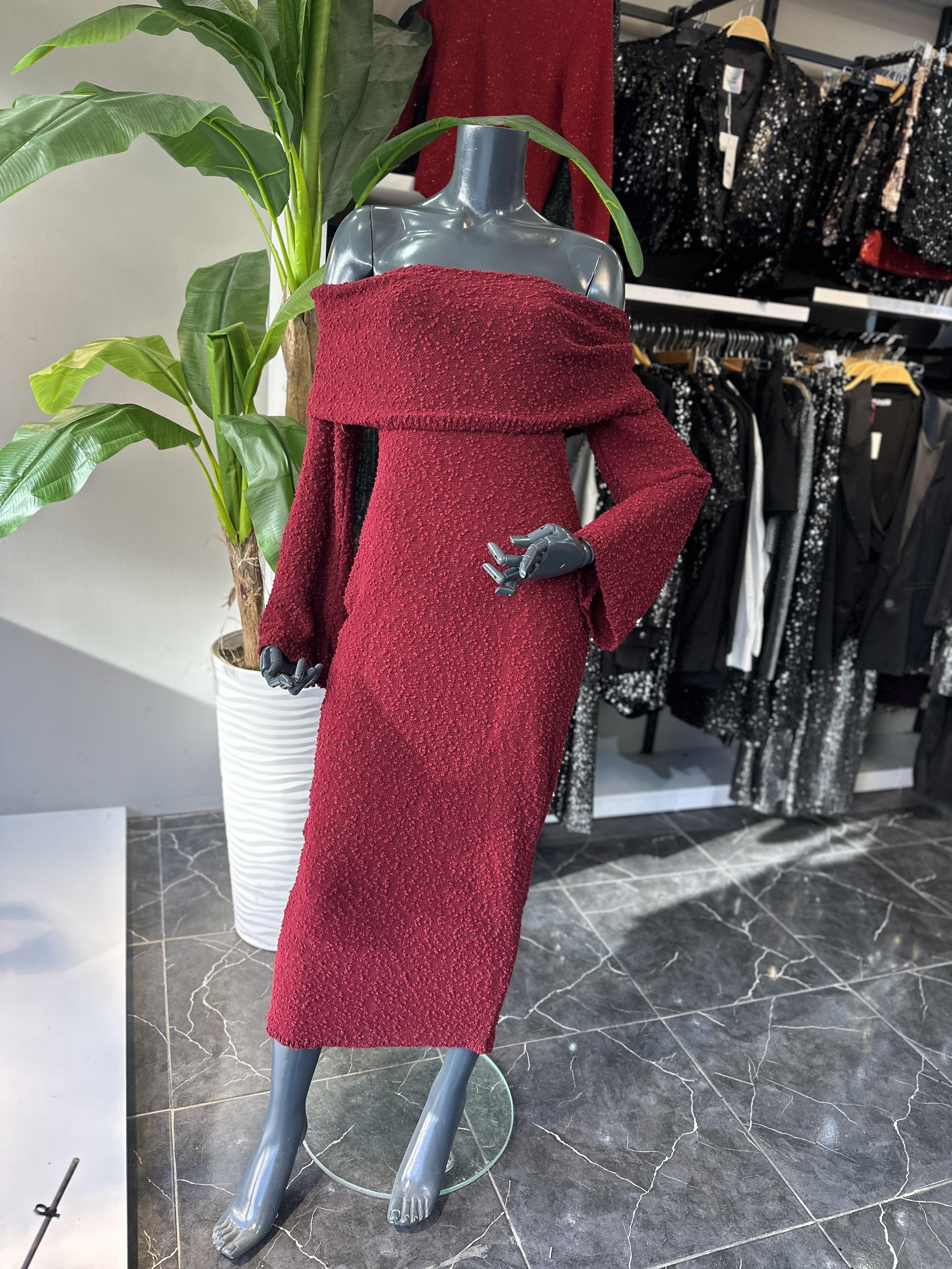 Bordo Madonna Yaka Triko Elbise