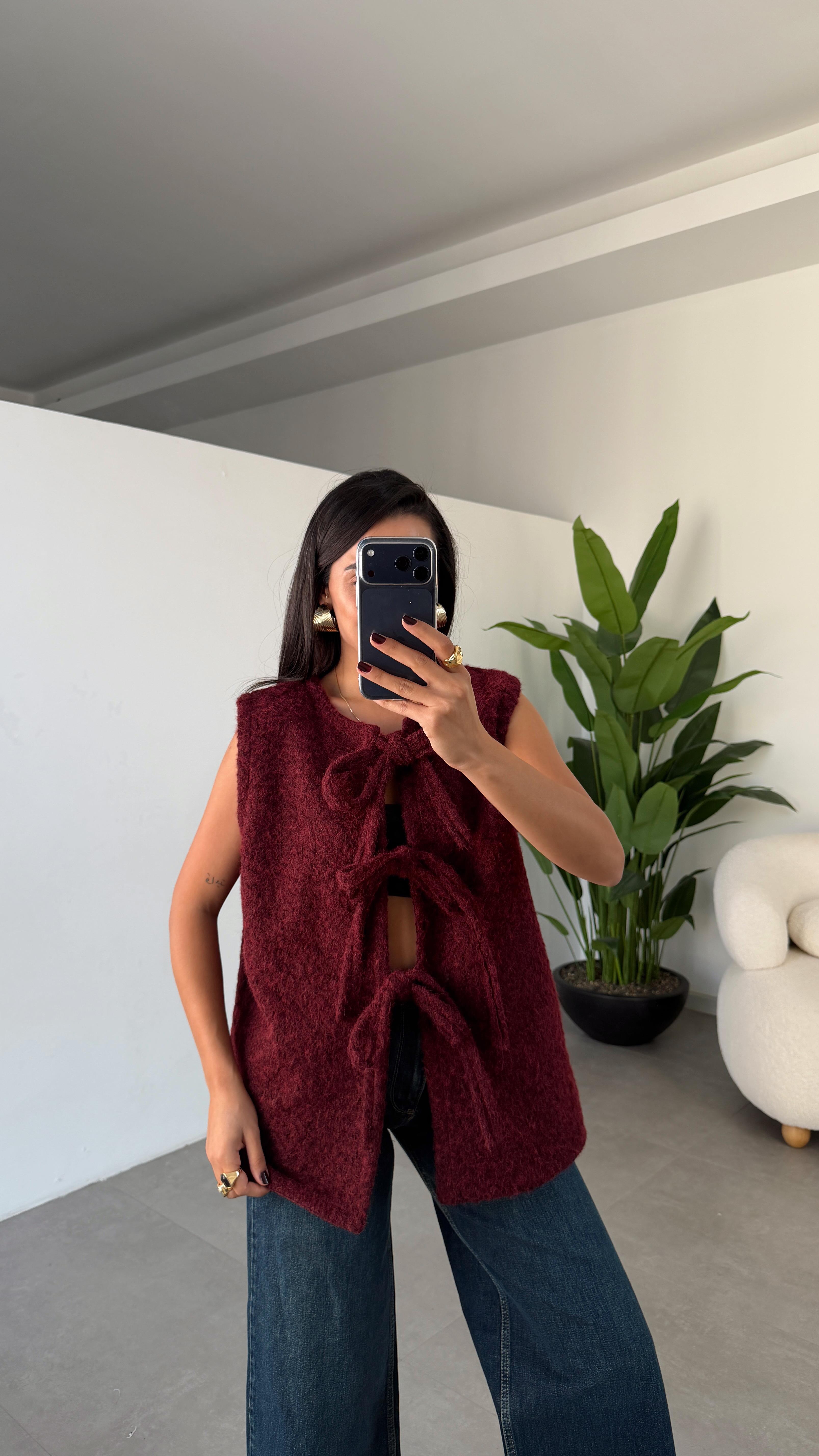 Bordo Önden Bağlamalı Yelek