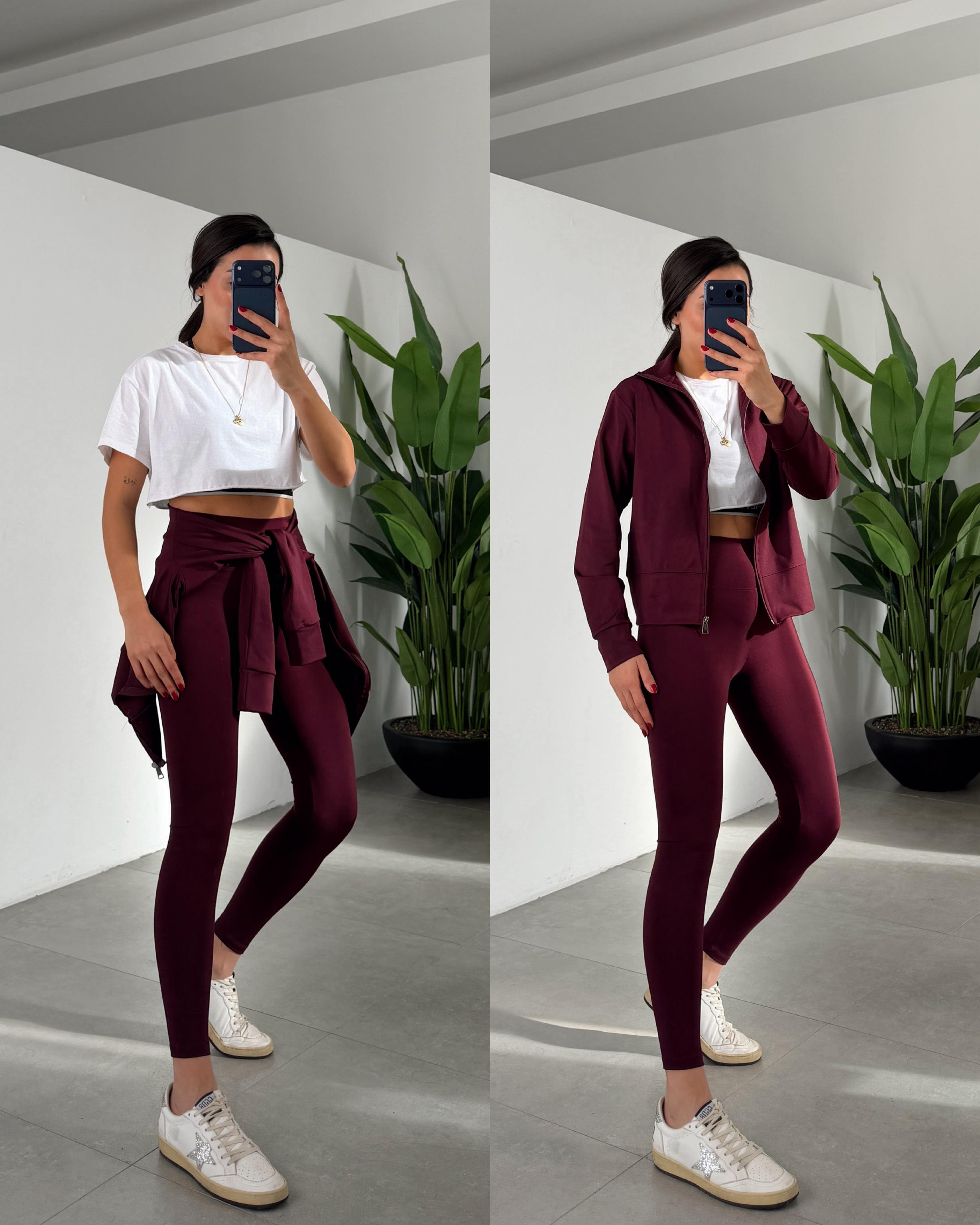Bordo Oys Fermuarlı Taytlı Takım