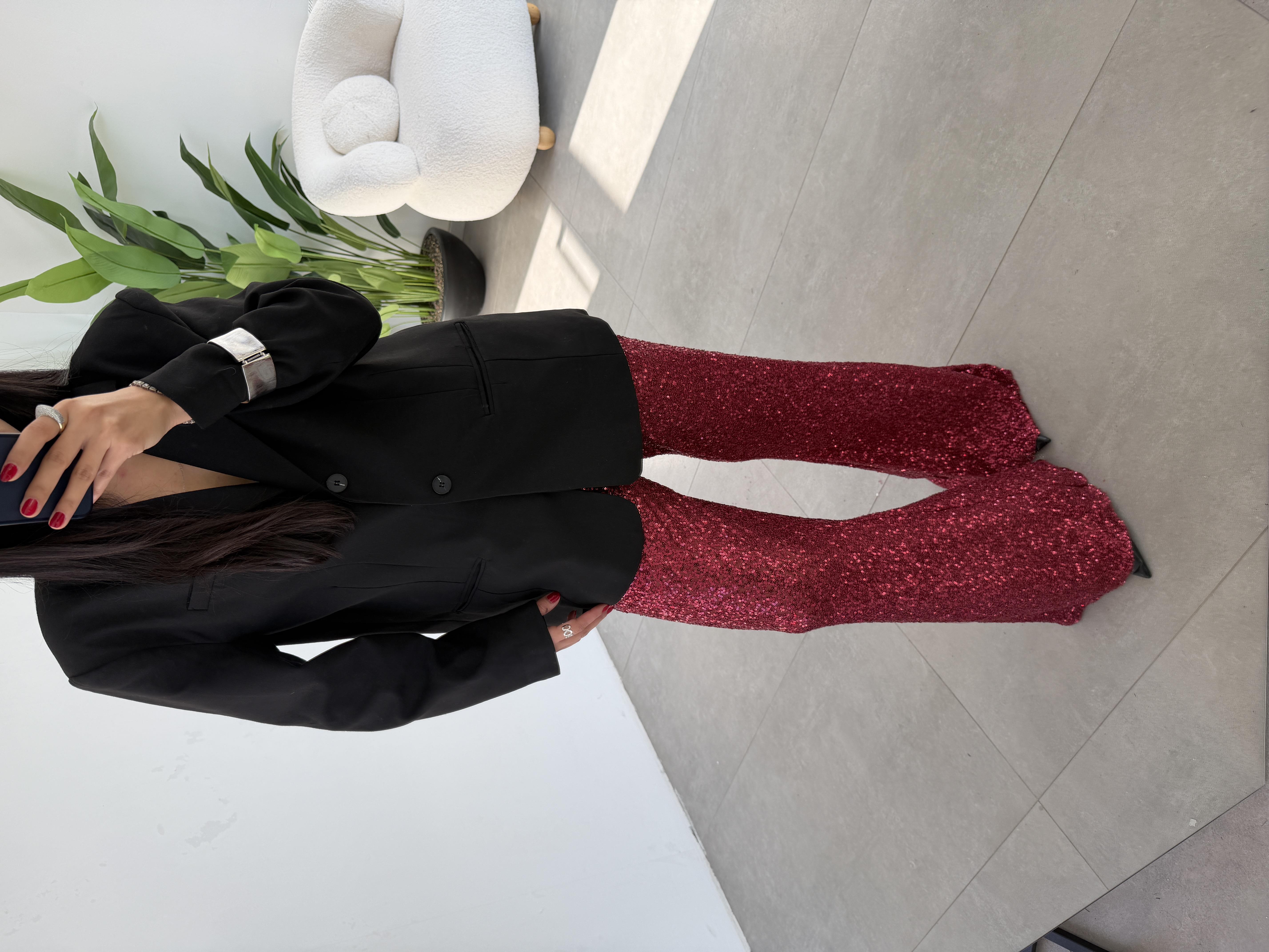 Bordo Payetli Pantolon