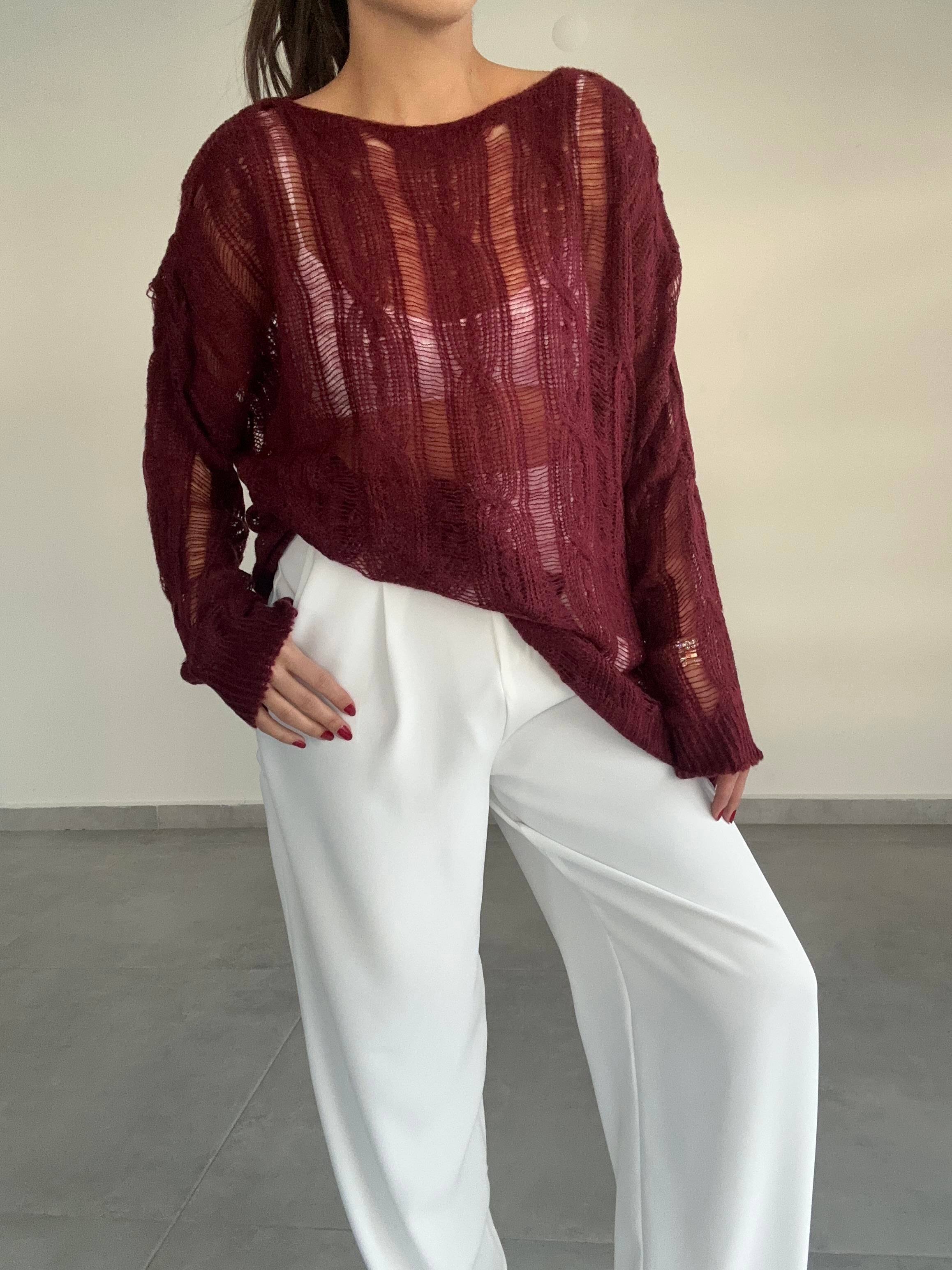 Bordo Saç Örgülü Ajurlu Kazak