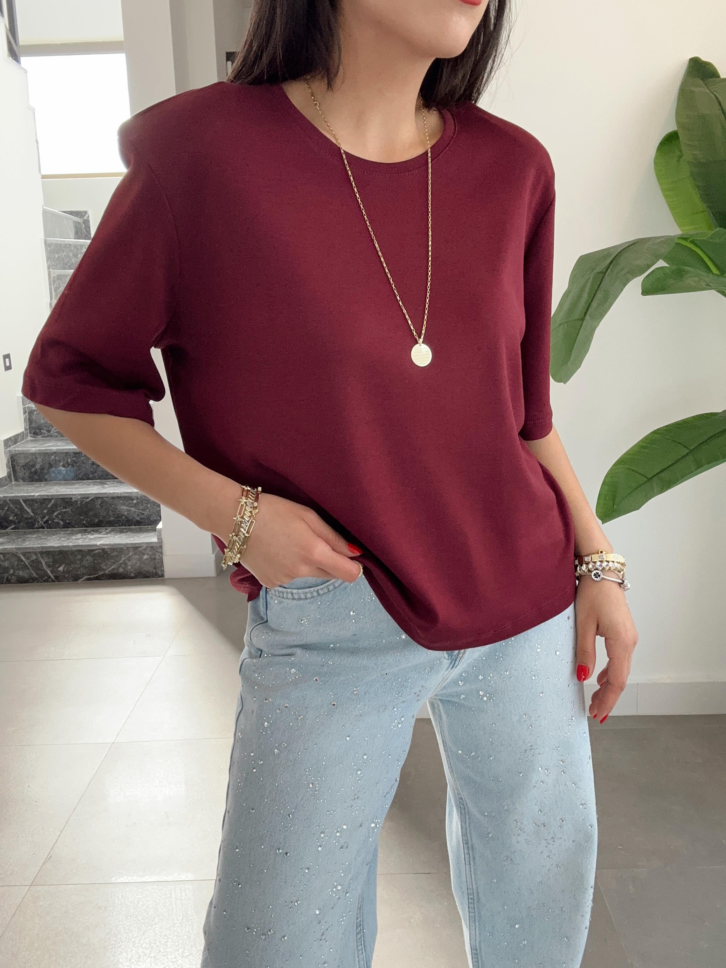 Bordo Vatkalı Basic Tişört